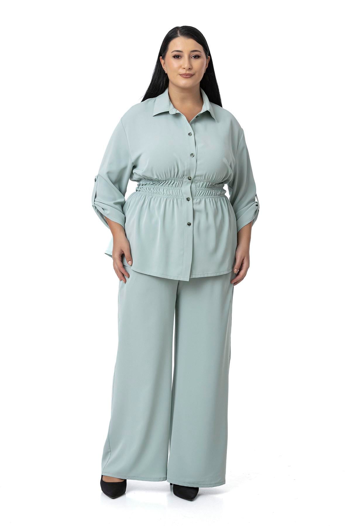 Plus Size Shirt Trousers with Elastic Waist Drawstring Detail Mint Double Suit
