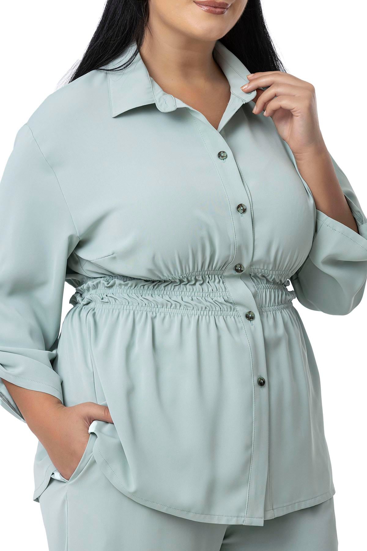 Plus Size Shirt Trousers with Elastic Waist Drawstring Detail Mint Double Suit