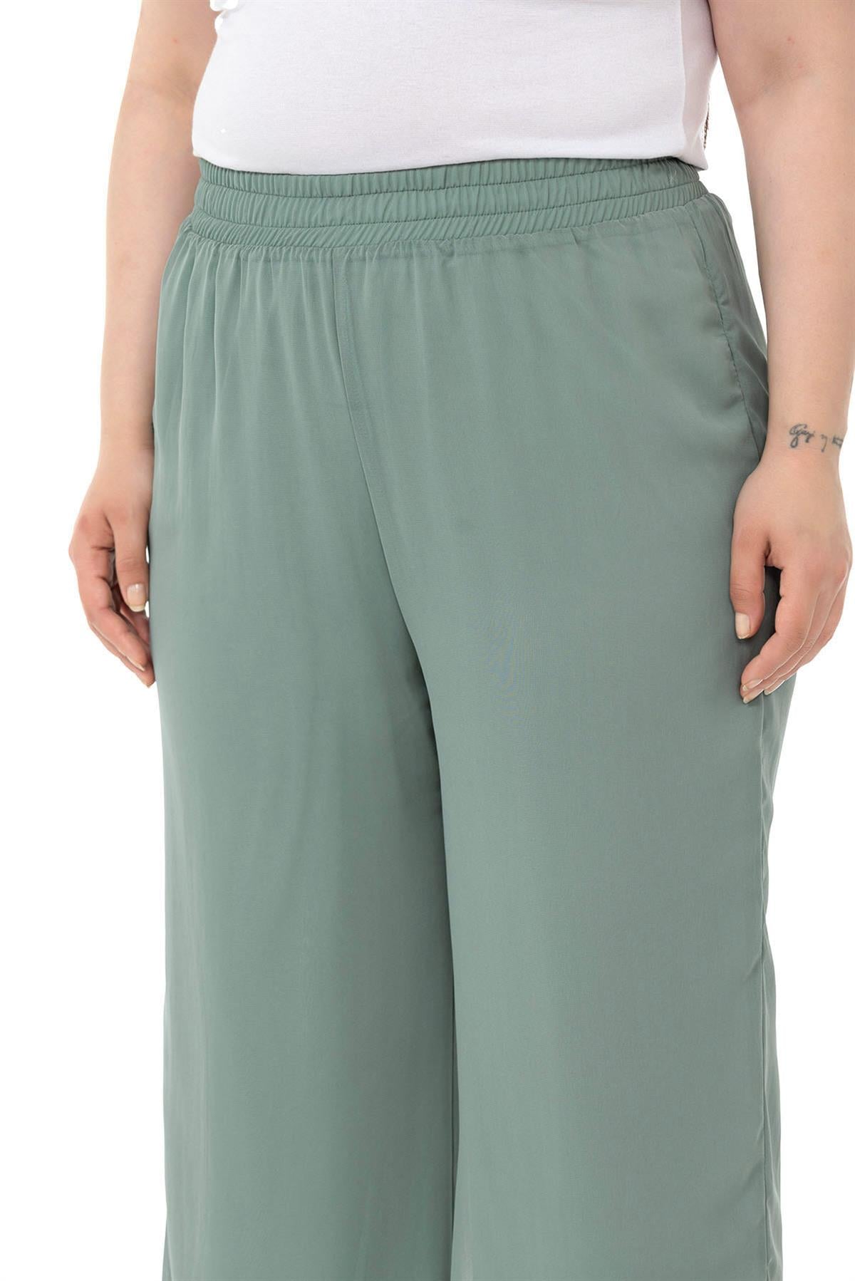 Büyük Beden Beli Lastikli Astarlı Bol Paça Şifon Su Yeşili Pantolon