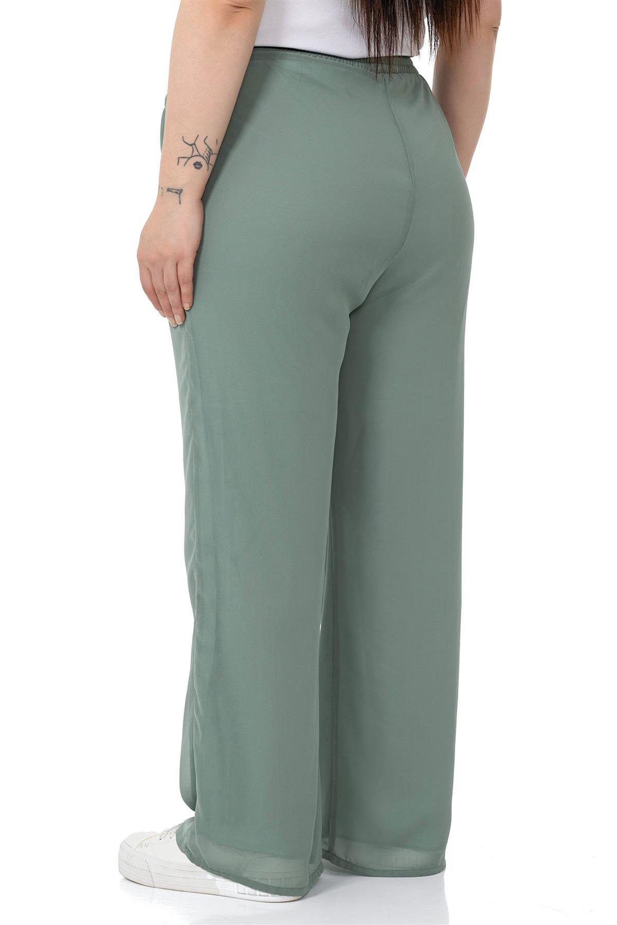 Büyük Beden Beli Lastikli Astarlı Bol Paça Şifon Su Yeşili Pantolon