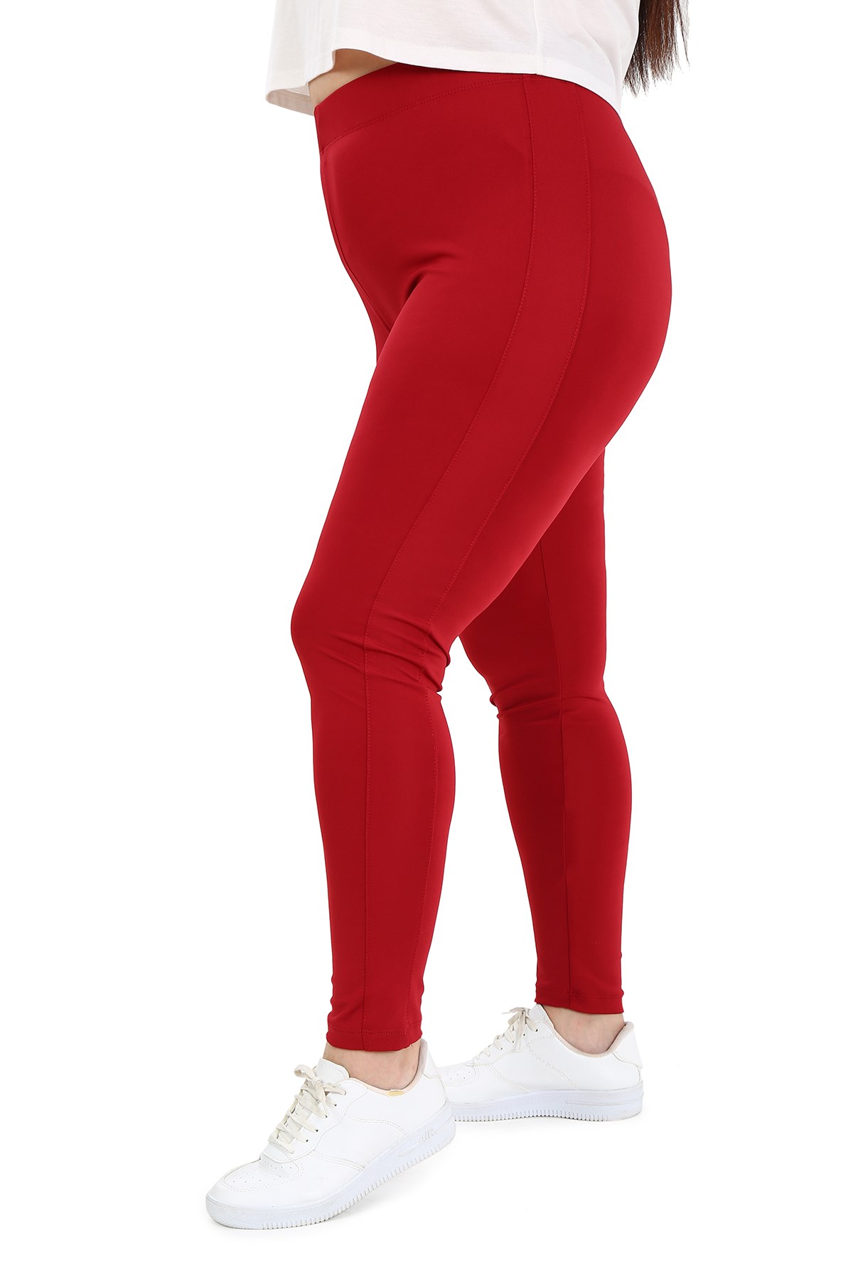 Büyük Beden Beli Lastikli Bilek Hizasında Panelli Bordo Bayan Tayt