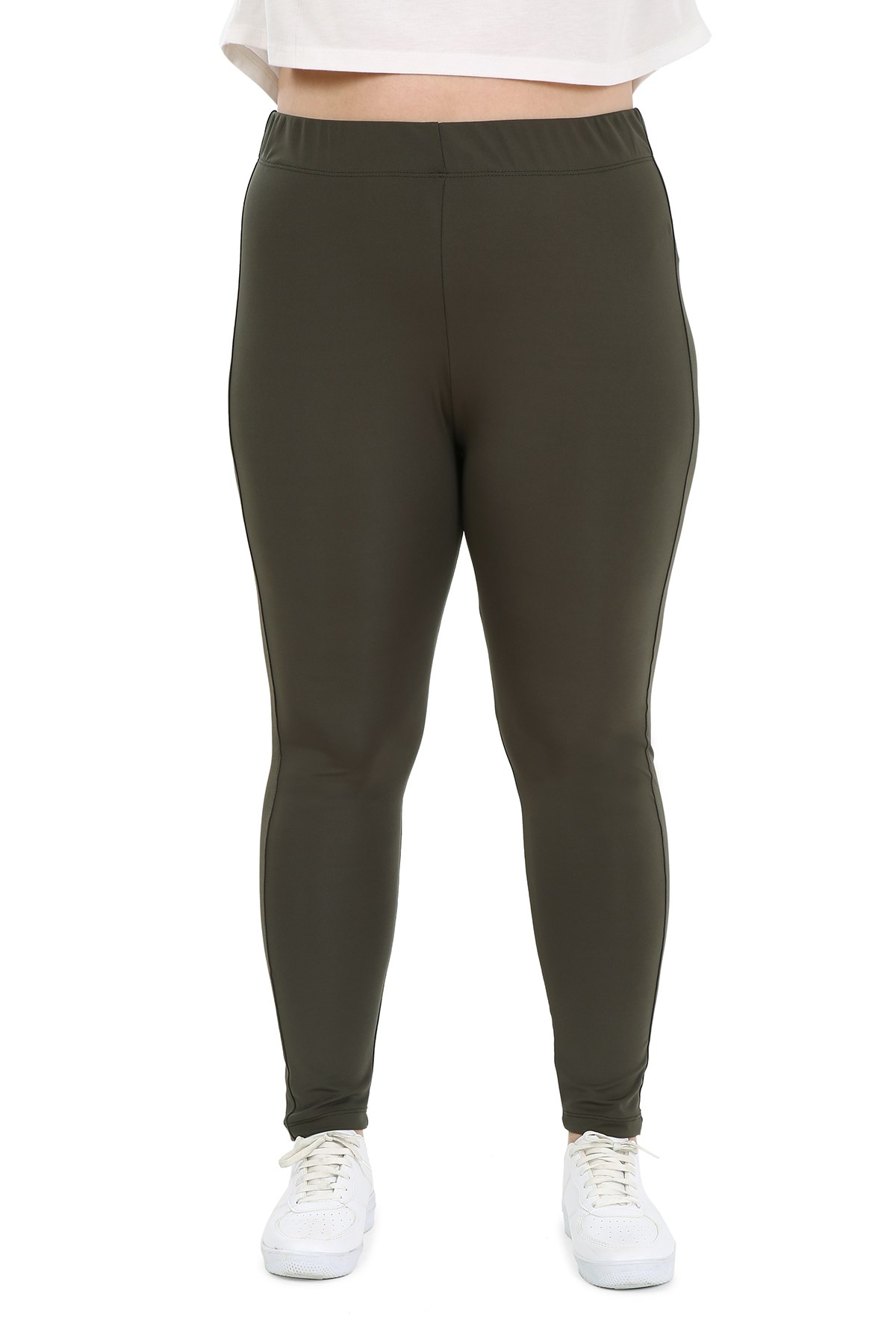 Plus Size Khaki Tights with Elastic Waistband and Paneled Ankle Length