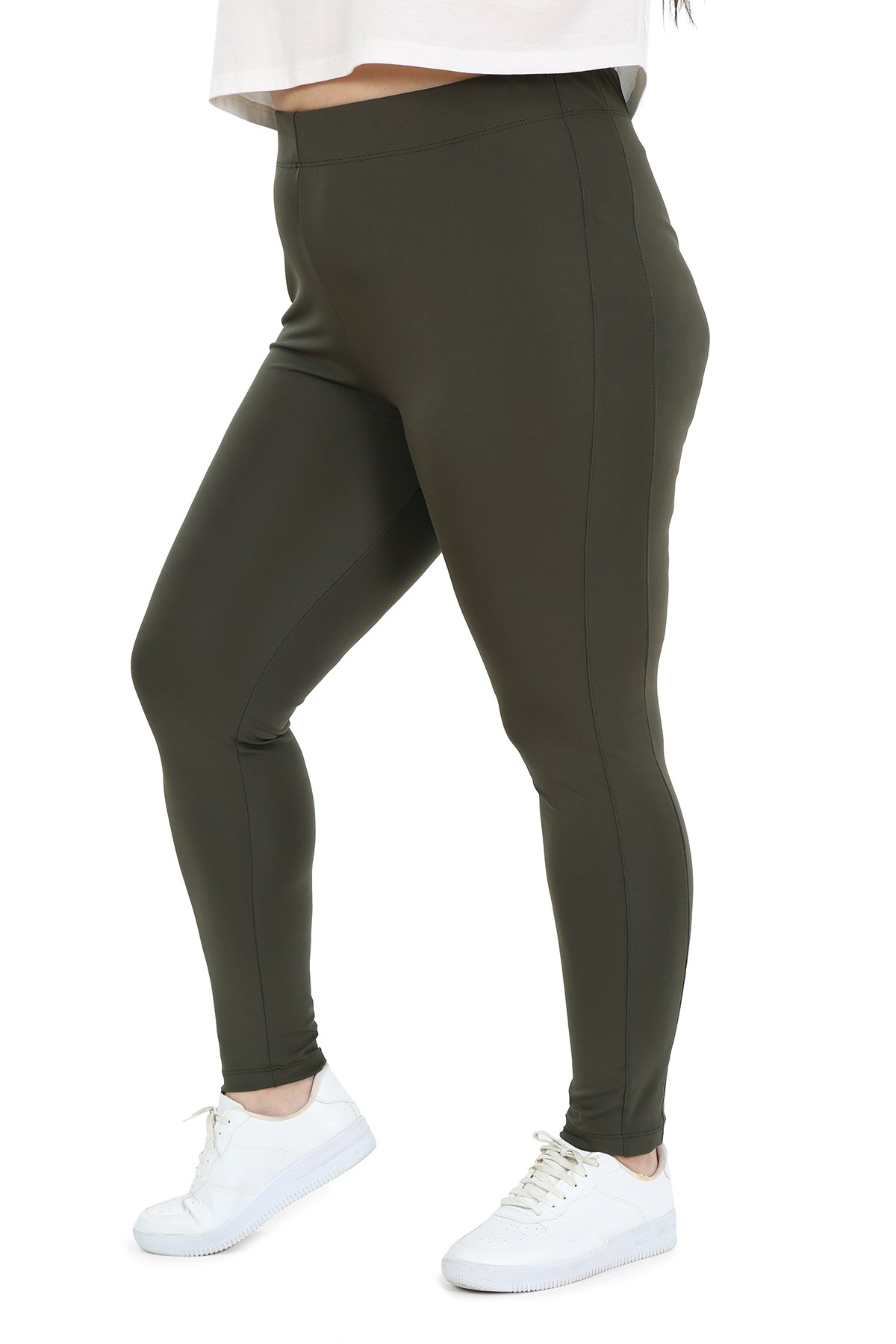Plus Size Khaki Tights with Elastic Waistband and Paneled Ankle Length