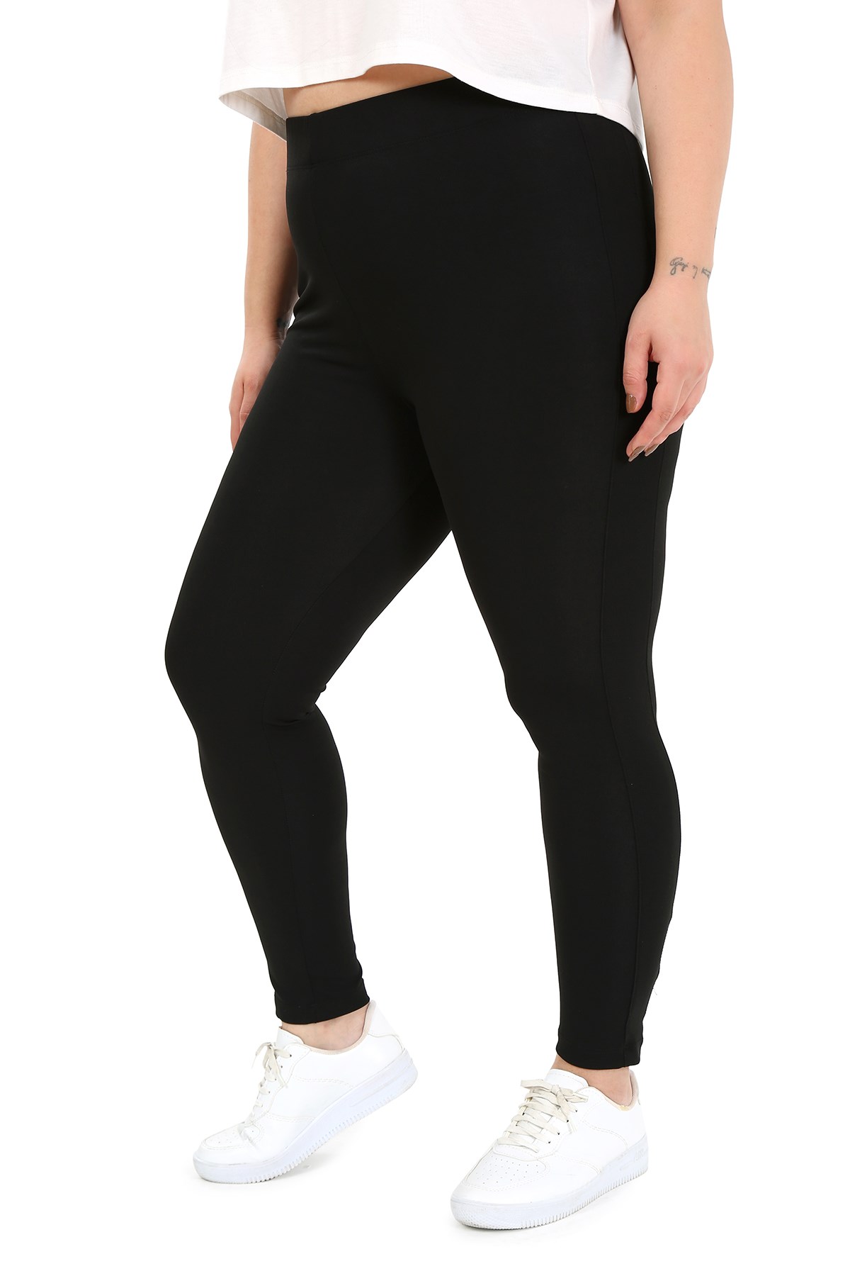 Plus Size Black Tights with Elastic Waistband and Paneled Ankle Length