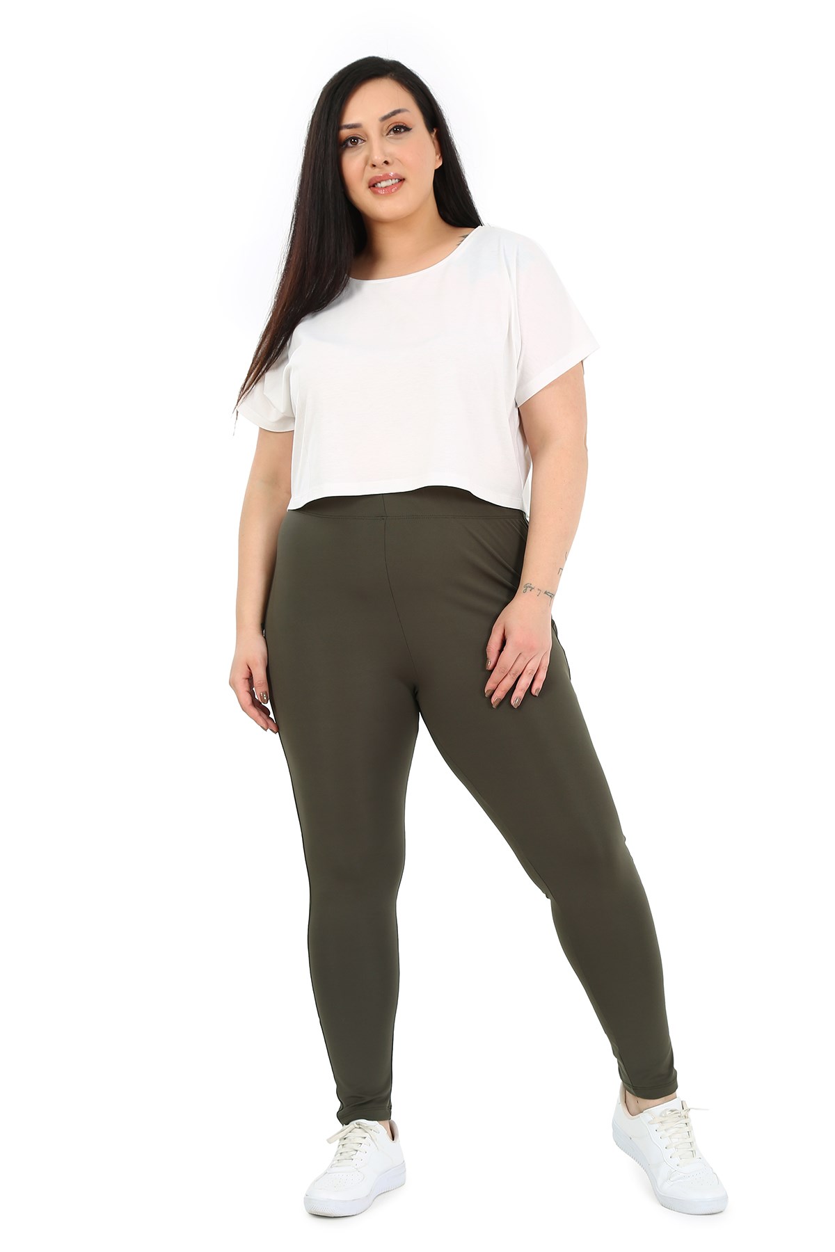 Plus Size Khaki Tights with Elastic Waistband and Paneled Ankle Length