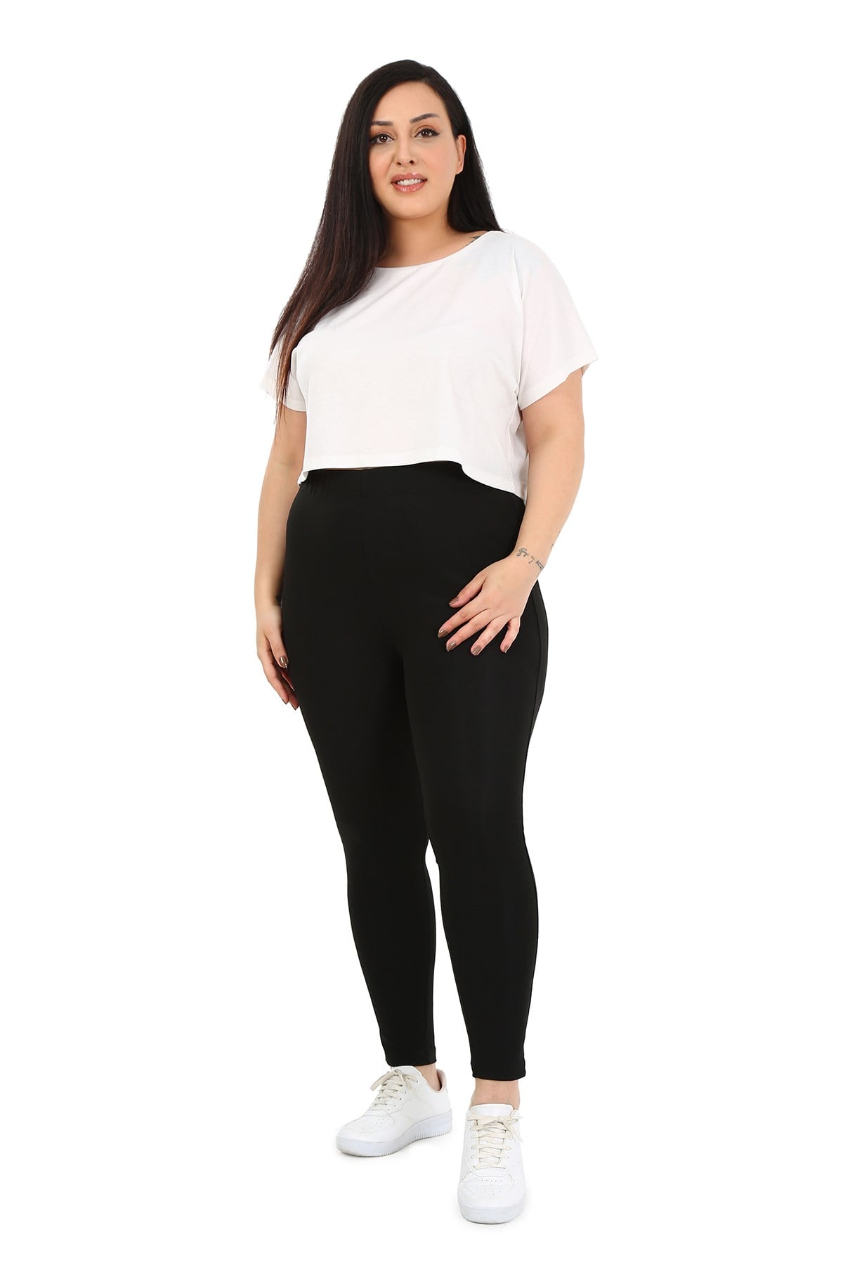 Plus Size Black Tights with Elastic Waistband and Paneled Ankle Length