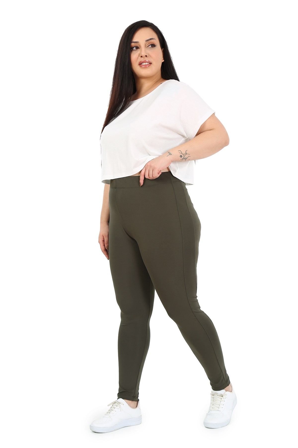 Plus Size Khaki Tights with Elastic Waistband and Paneled Ankle Length