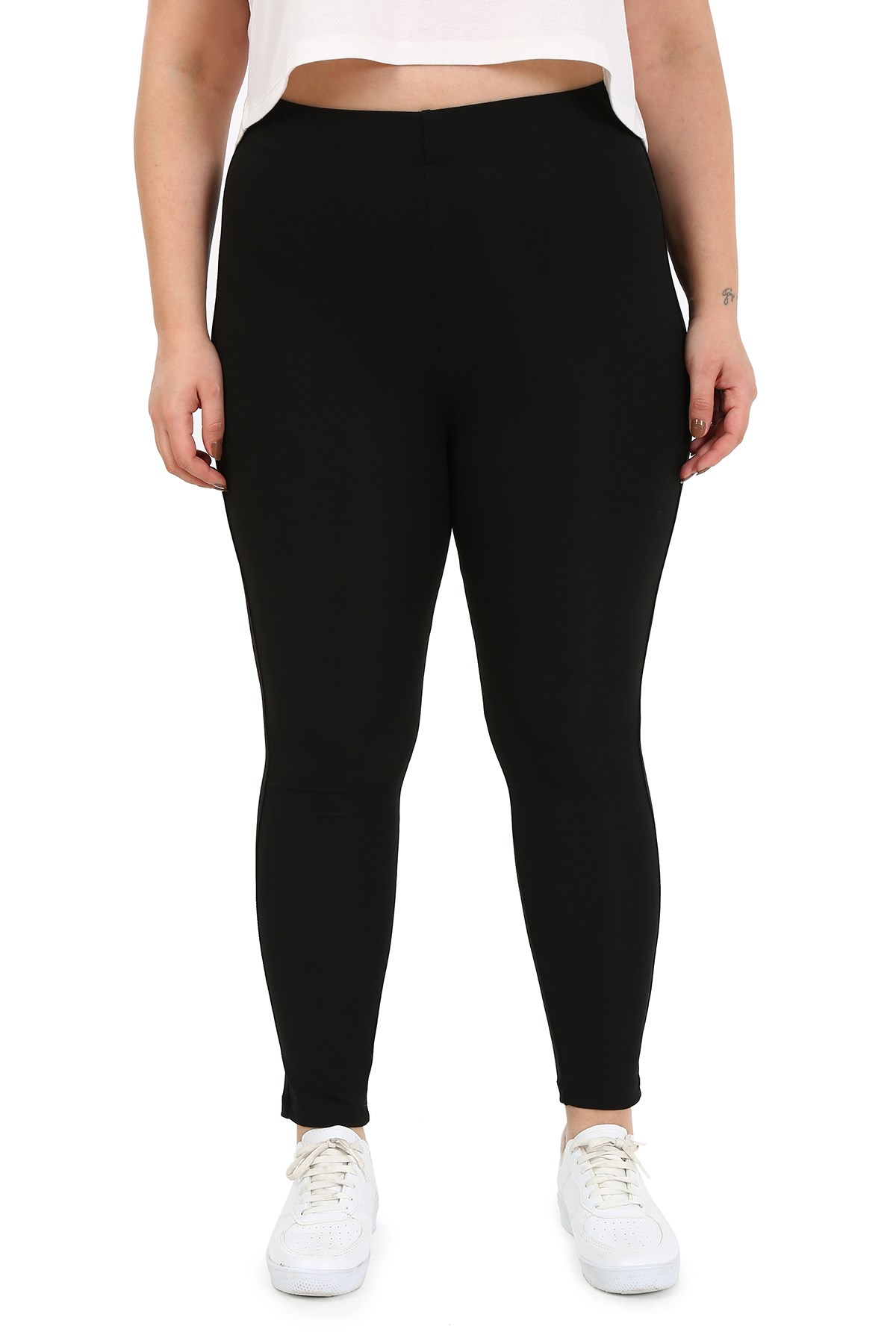 Plus Size Black Tights with Elastic Waistband and Paneled Ankle Length