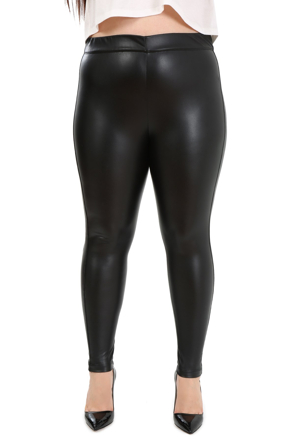 Plus Size Black Leather Leggings with Elastic Waistband and Paneled Ankle Length
