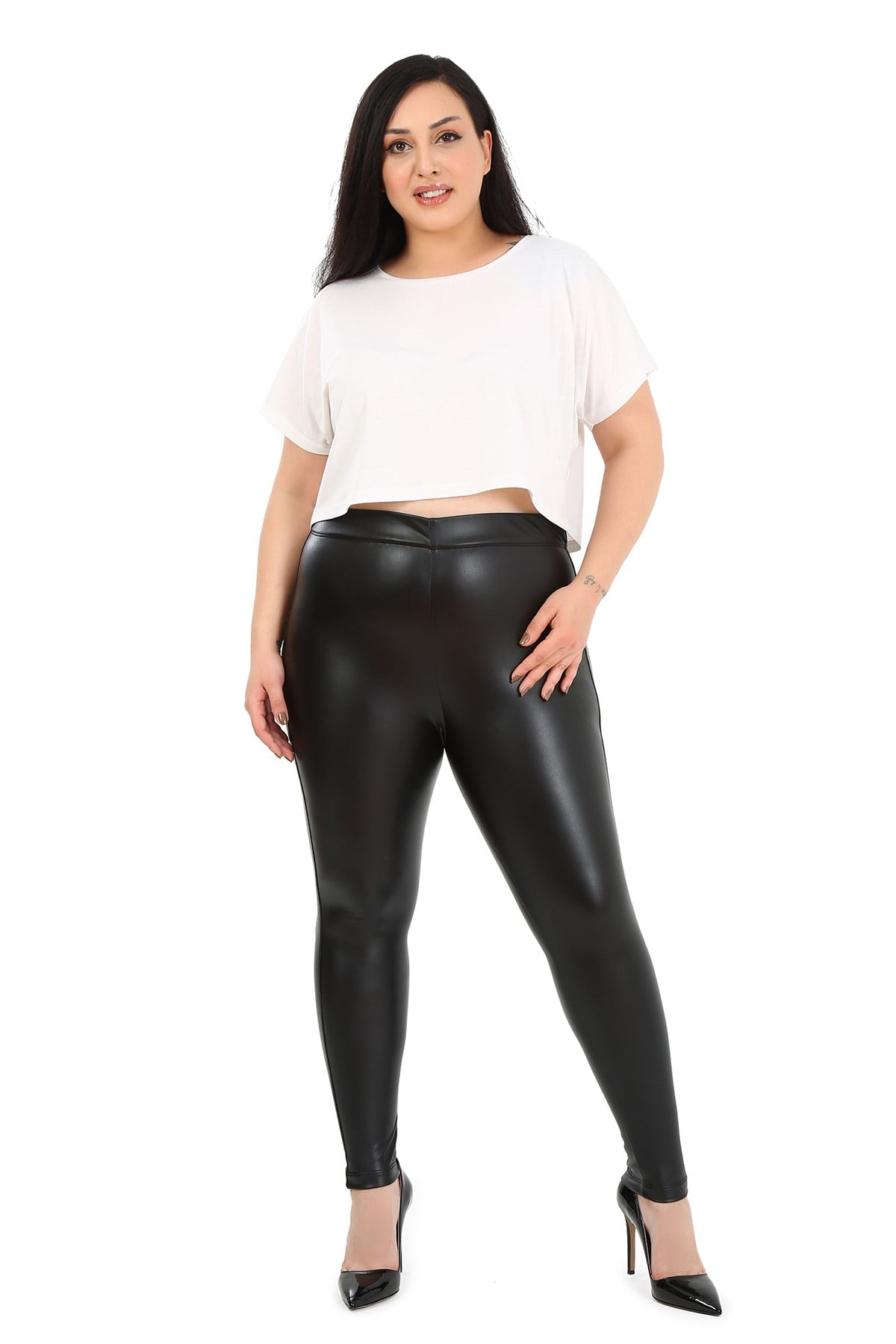 Plus Size Black Leather Leggings with Elastic Waistband and Paneled Ankle Length