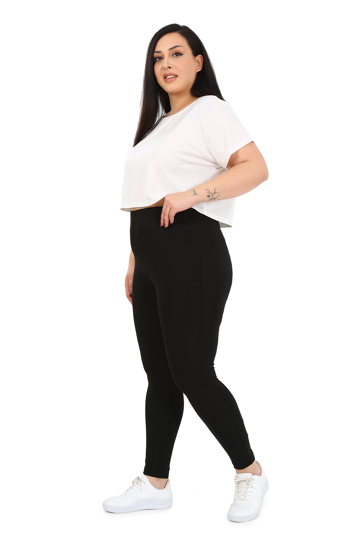 Plus Size Black Tights with Elastic Waistband and Paneled Ankle Length