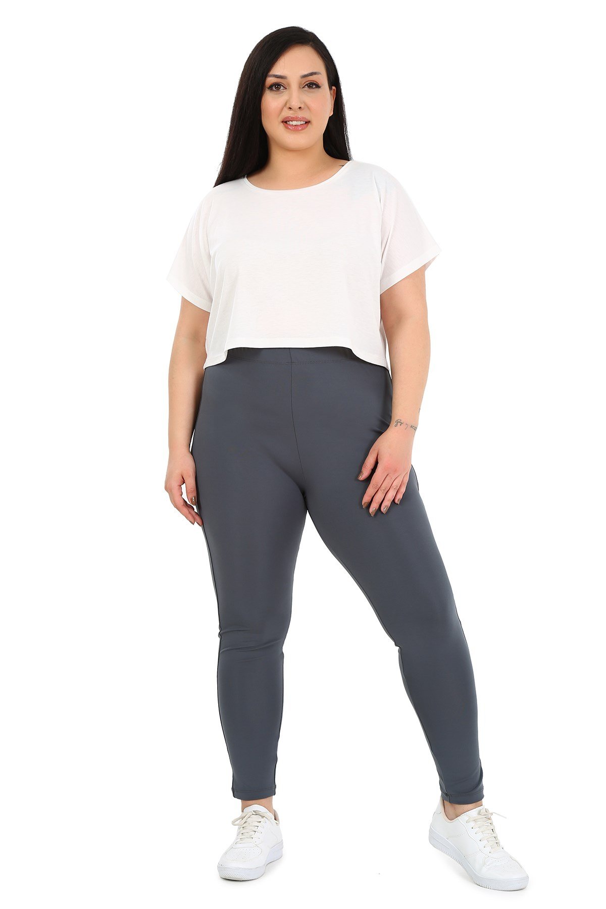 Büyük Beden Beli Lastikli Bilek Hizasında Panelli Gri Bayan Tayt