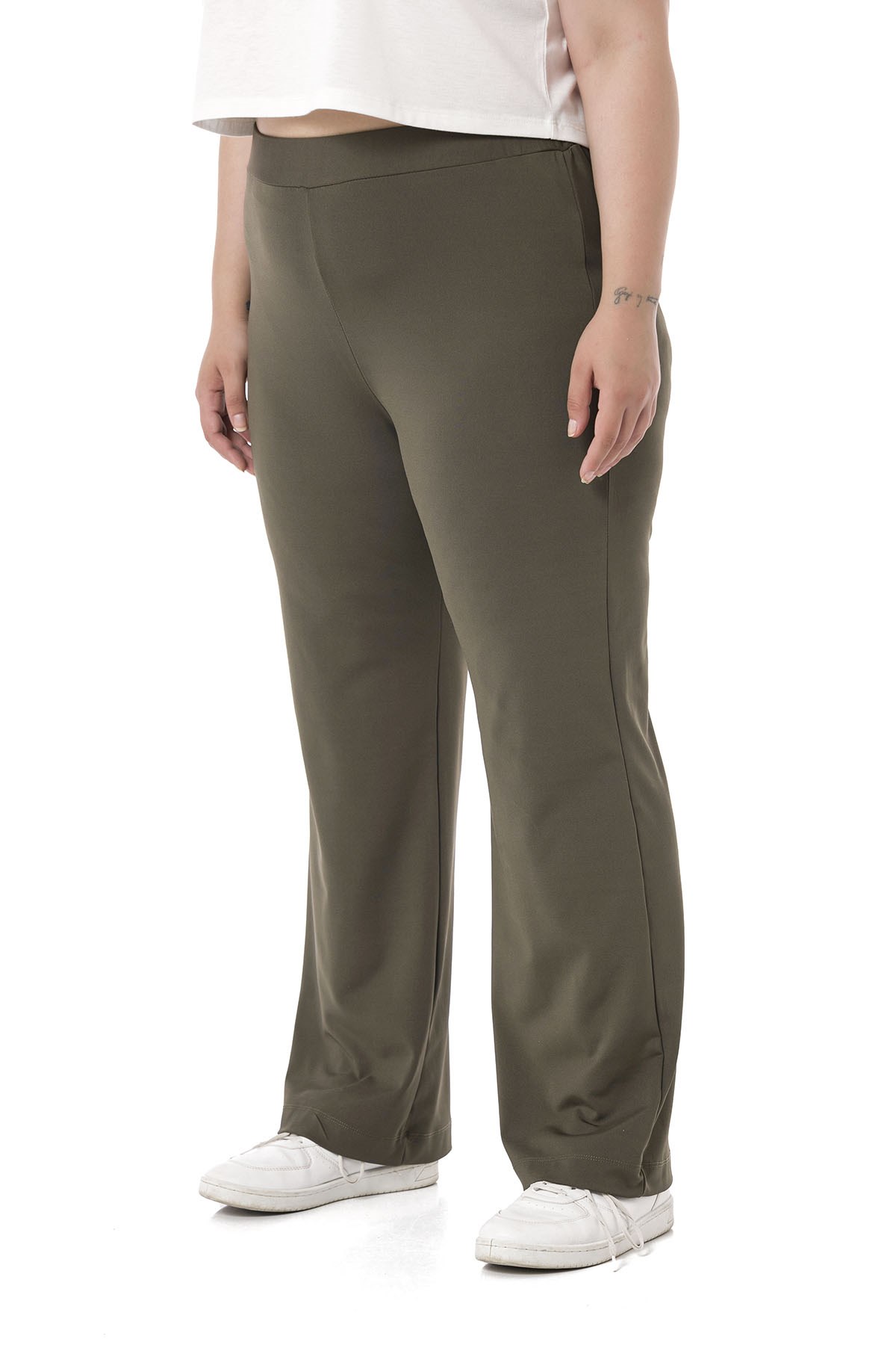 Plus Size Elastic Waist Tube Leg Diver Khaki Trousers