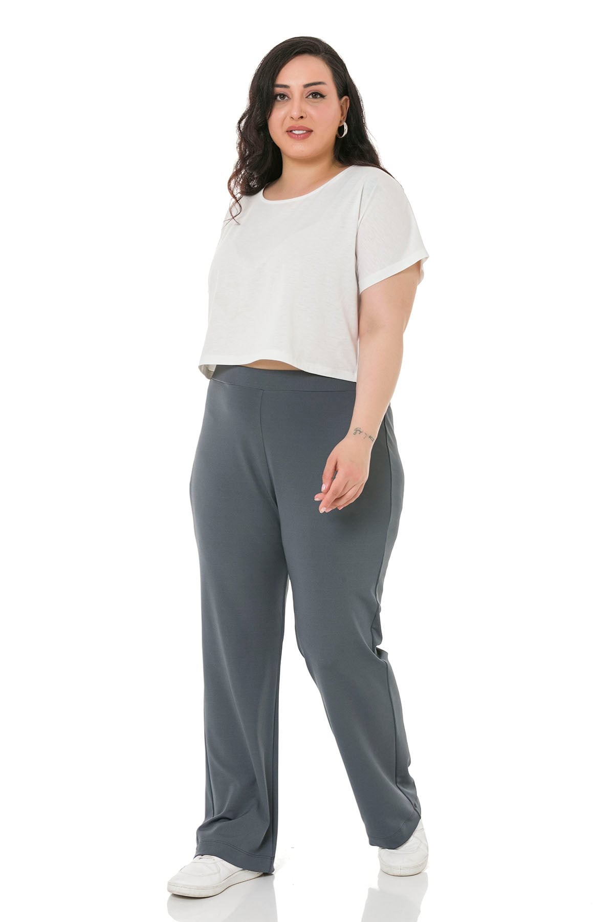 Plus Size Elastic Waist Tube Leg Diver Dark Gray Trousers
