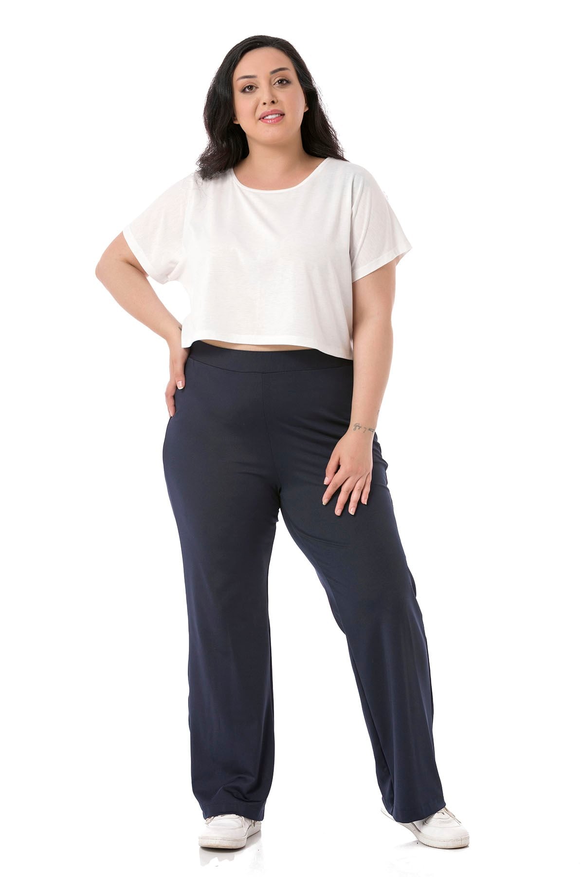 Plus Size Elastic Waist Tube Leg Diver Navy Blue Trousers