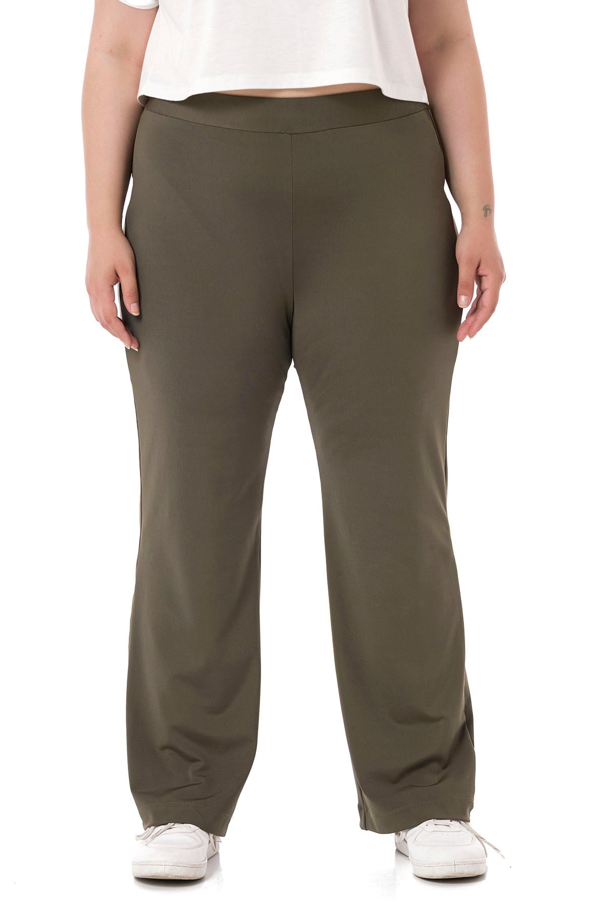 Plus Size Elastic Waist Tube Leg Diver Khaki Trousers