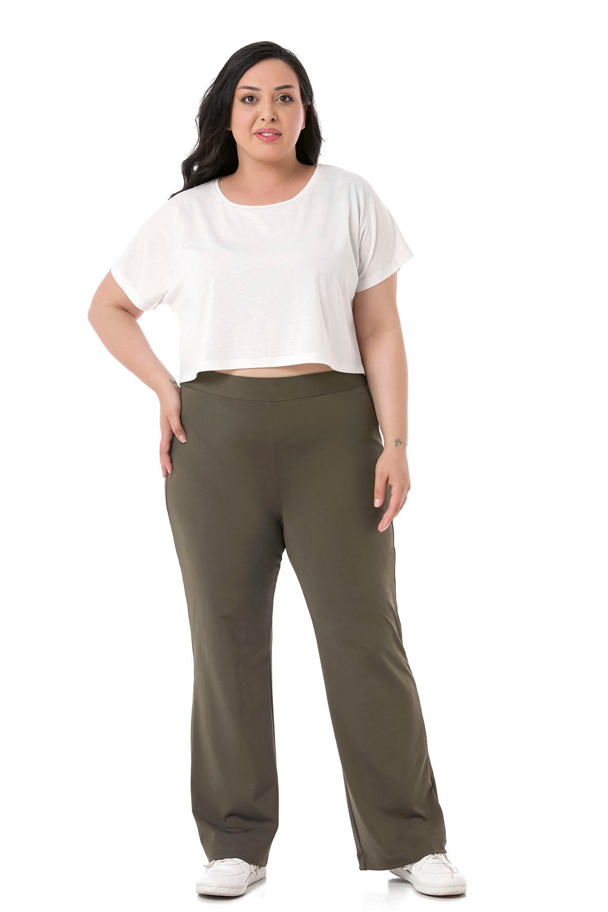 Plus Size Elastic Waist Tube Leg Diver Khaki Trousers