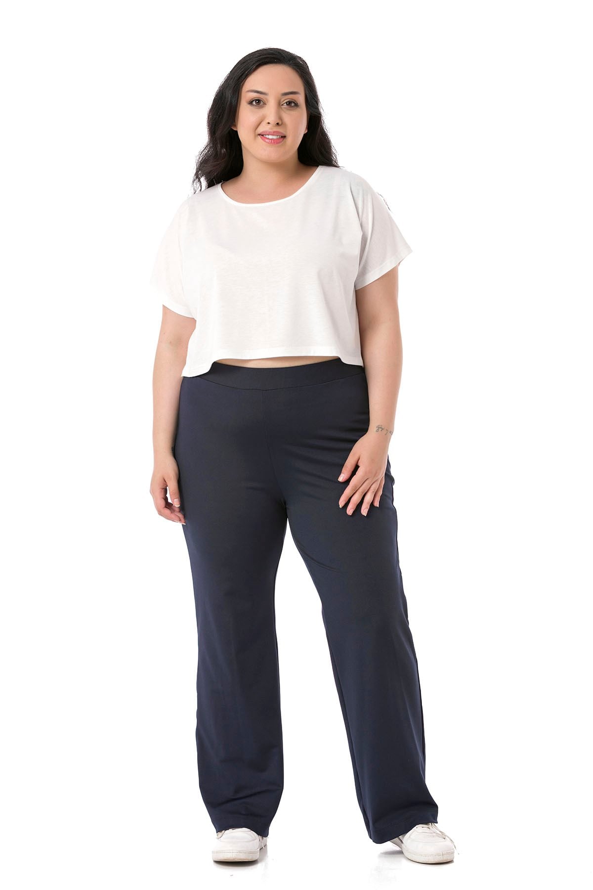 Plus Size Elastic Waist Tube Leg Diver Navy Blue Trousers