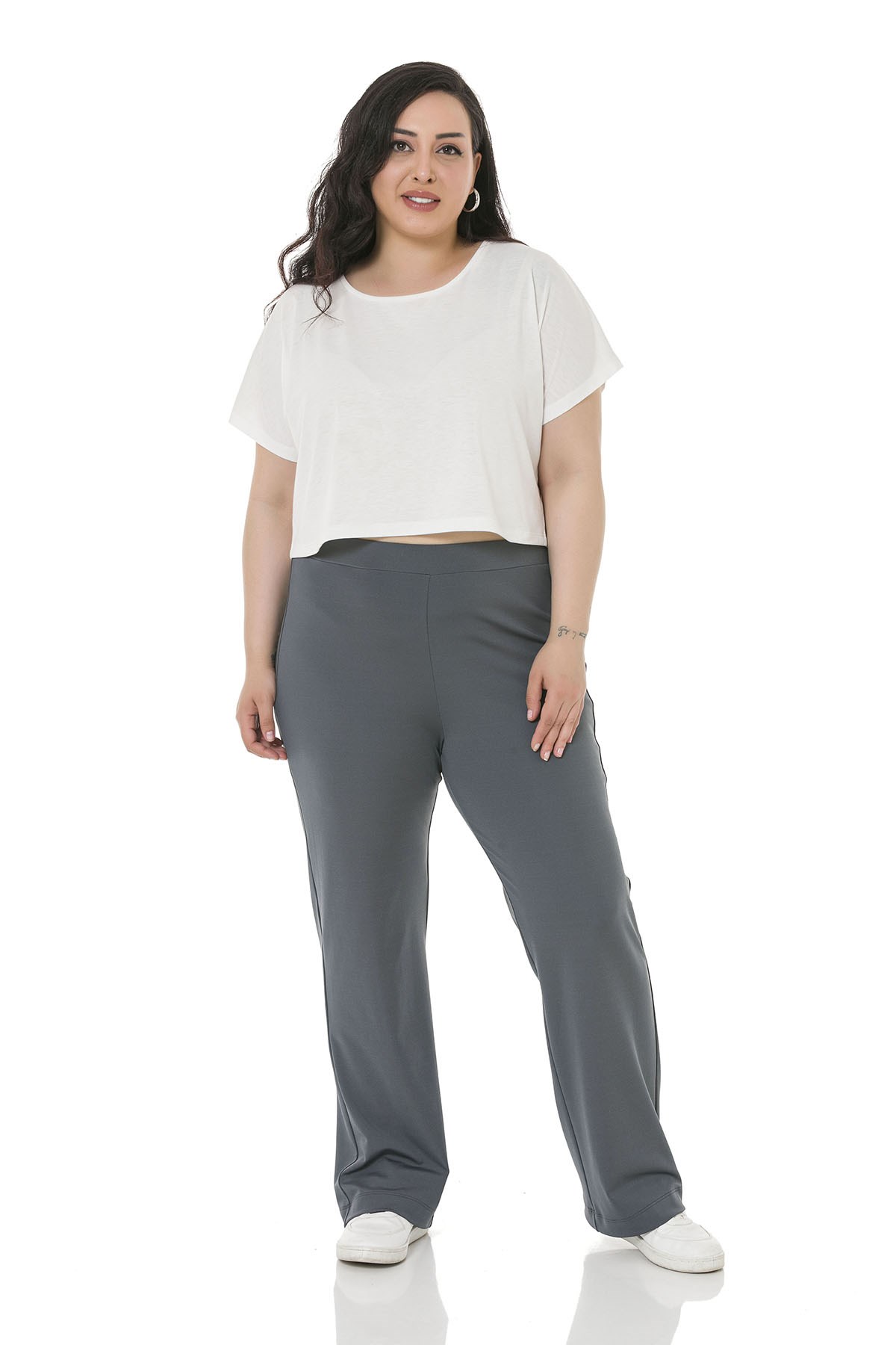 Plus Size Elastic Waist Tube Leg Diver Dark Gray Trousers