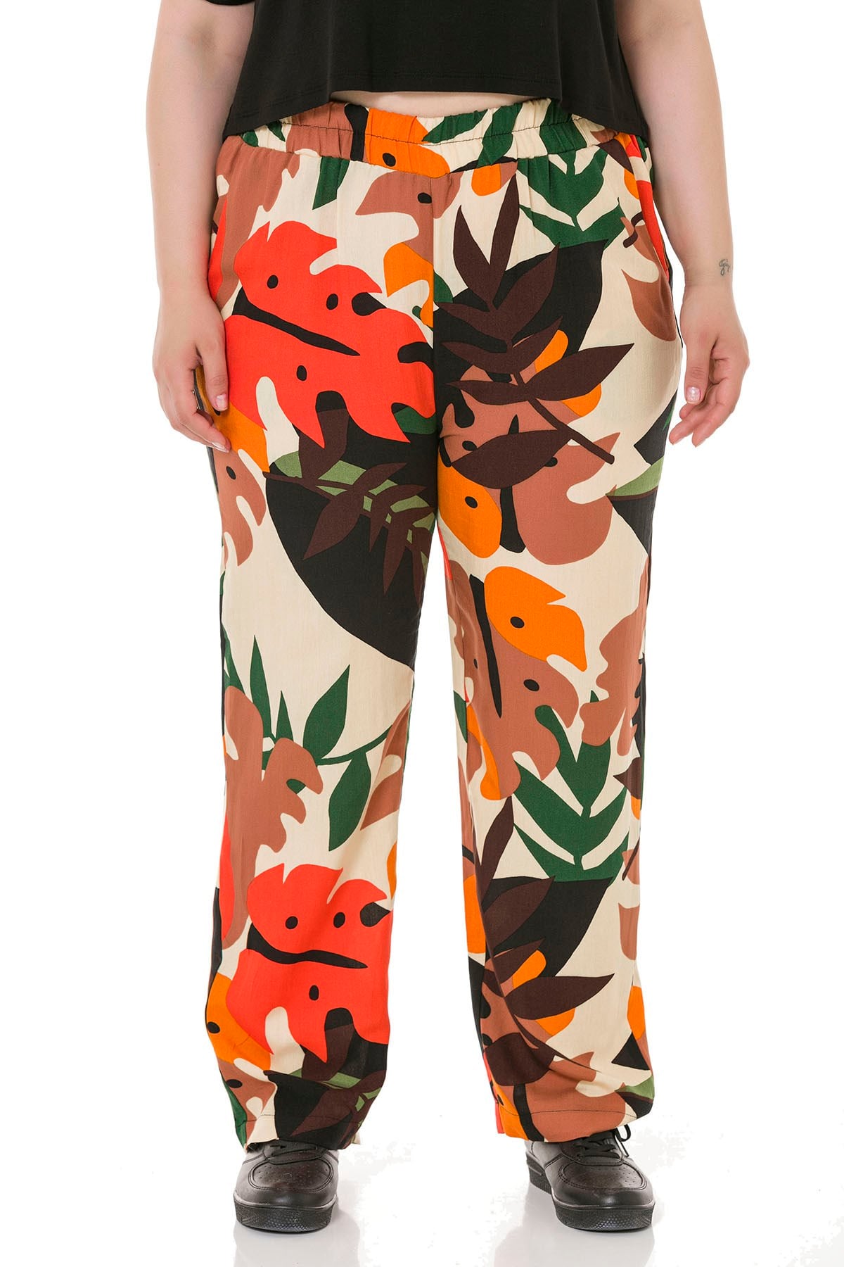Plus Size Elastic Waist Pocket Patterned Woven Viscose Ecru Trousers