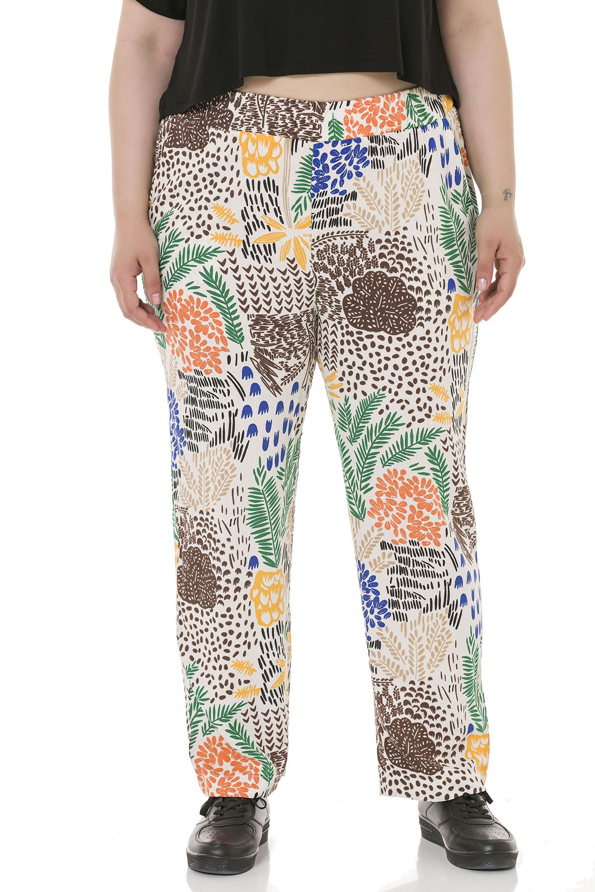 Plus Size Elastic Waist Pocket Patterned Woven Viscose White Trousers