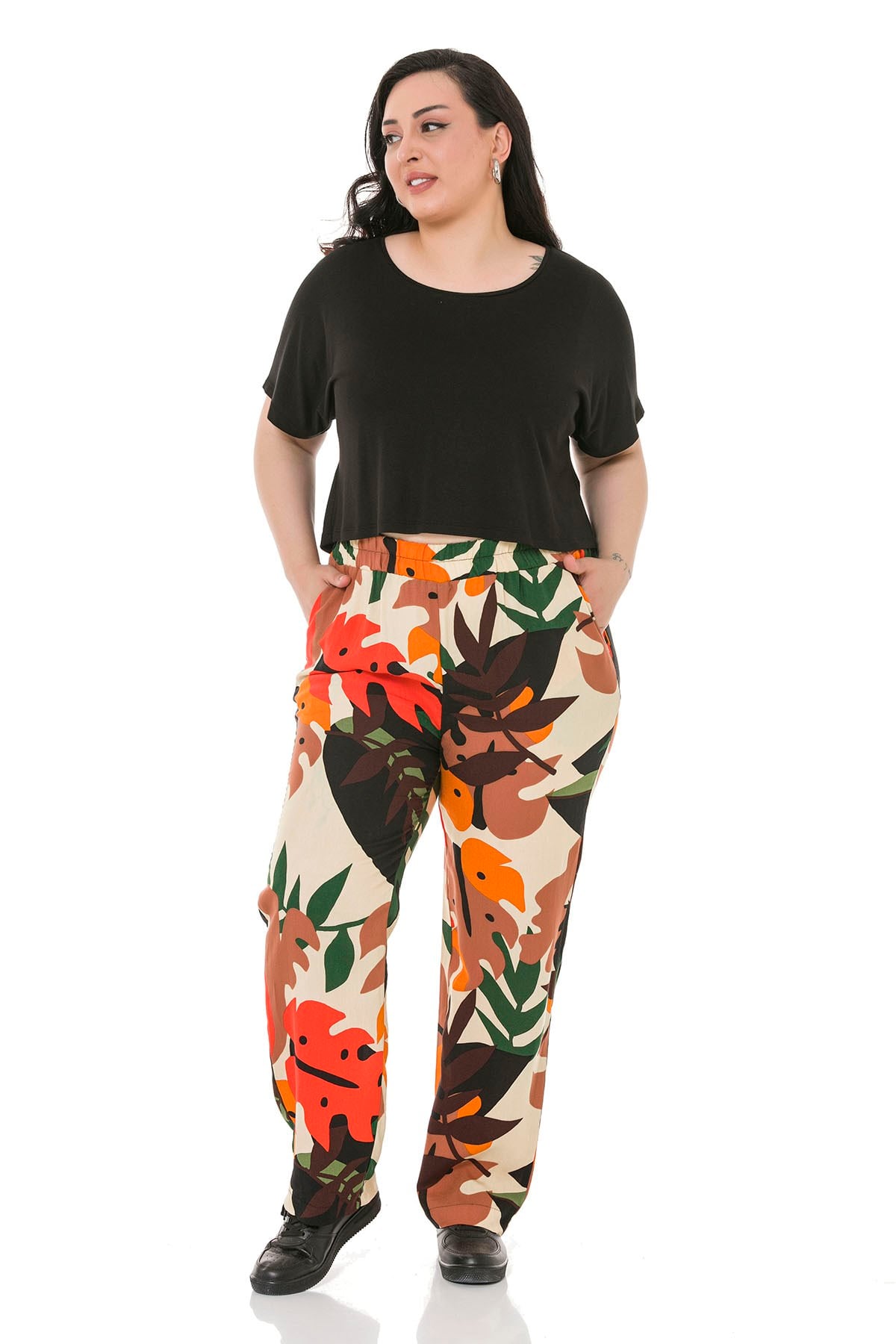 Plus Size Elastic Waist Pocket Patterned Woven Viscose Ecru Trousers