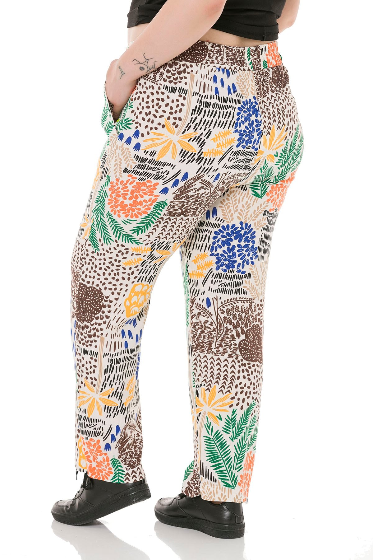 Plus Size Elastic Waist Pocket Patterned Woven Viscose White Trousers