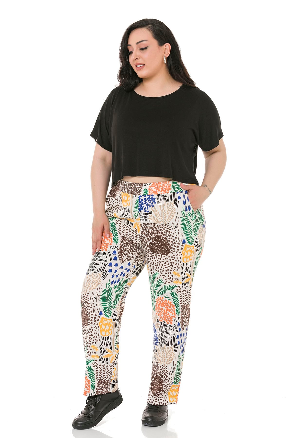 Plus Size Elastic Waist Pocket Patterned Woven Viscose White Trousers