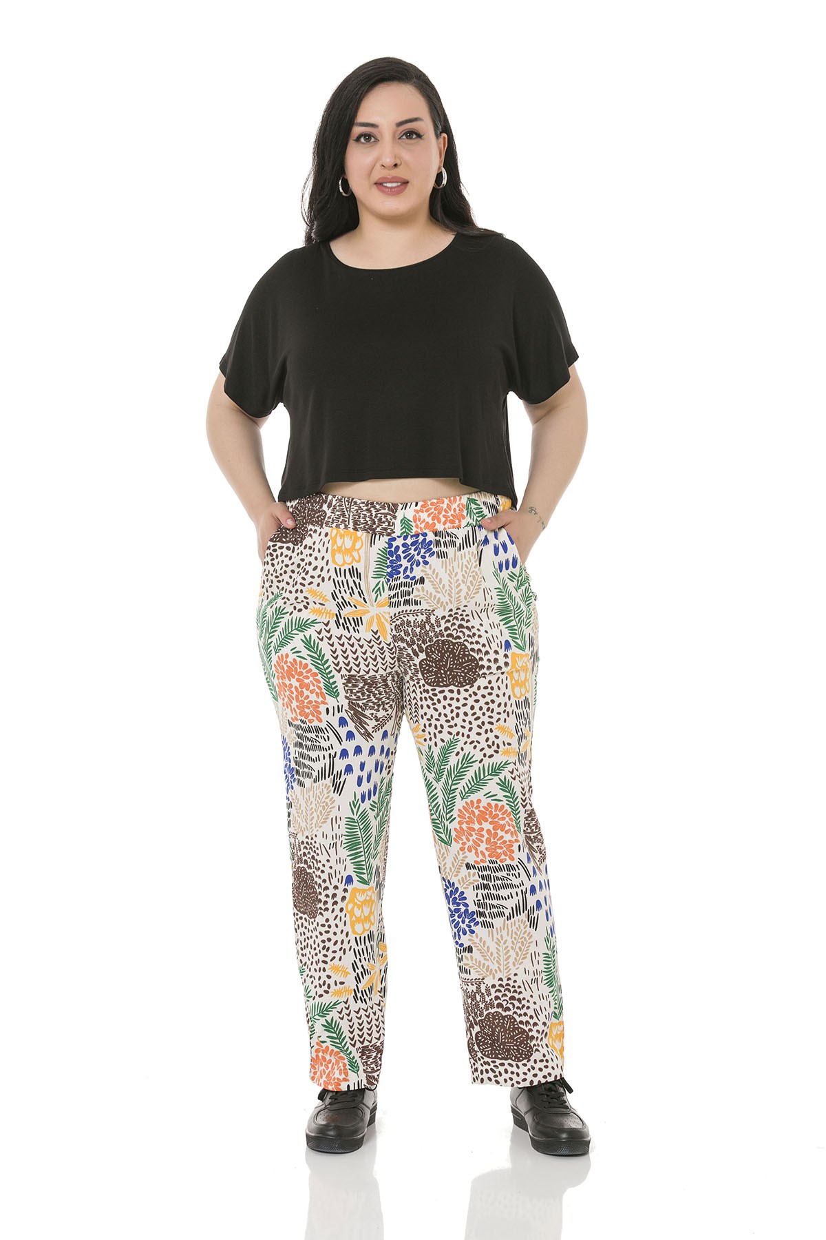 Plus Size Elastic Waist Pocket Patterned Woven Viscose White Trousers