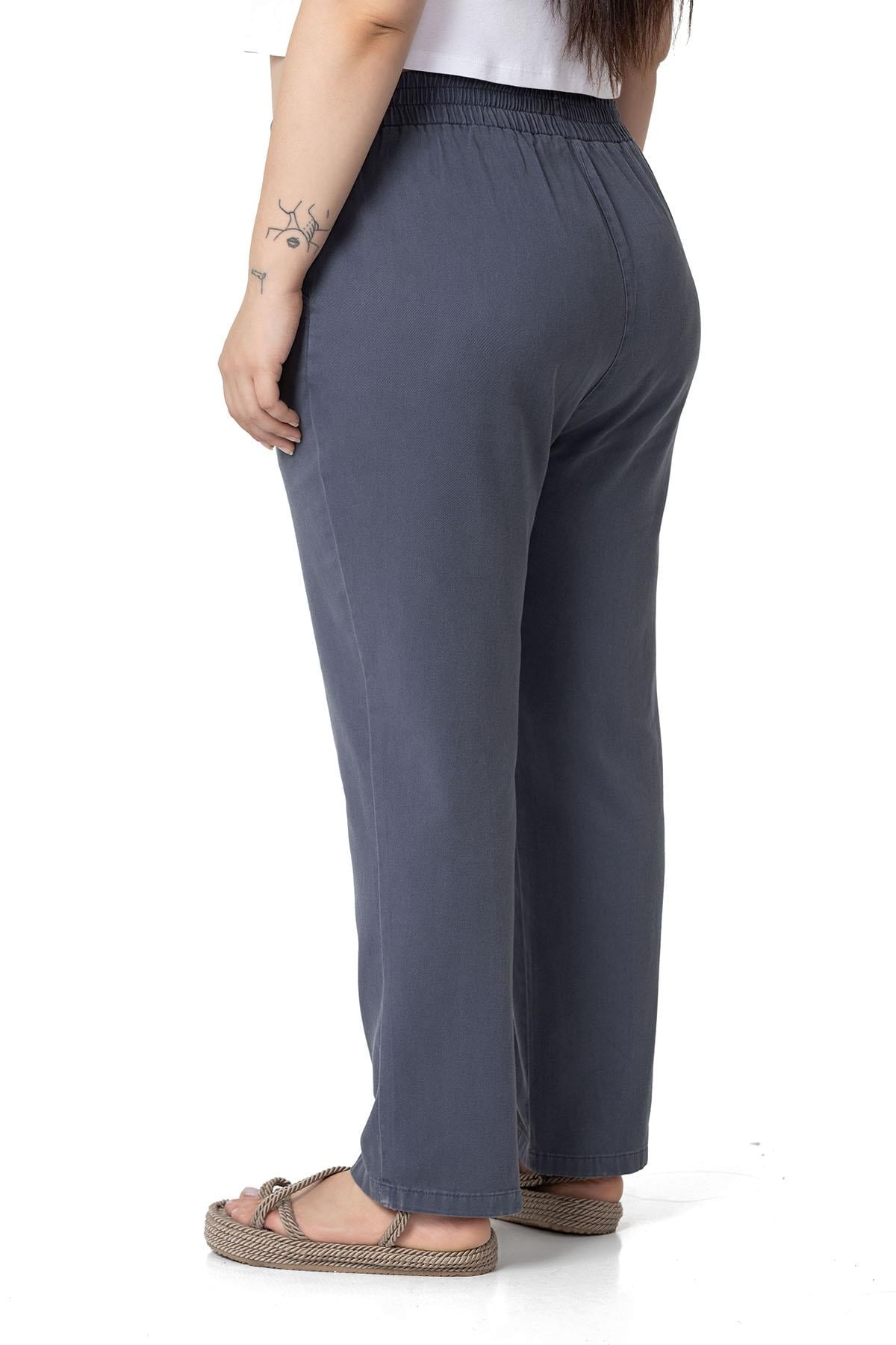 Plus Size Elastic Waist Pocket Gabardine Anthracite Trousers