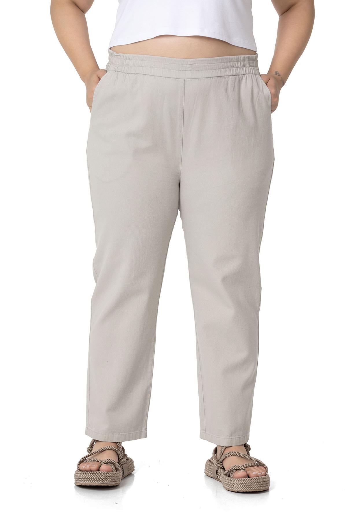 Plus Size Gabardine Stone Trousers with Elastic Waist Pockets