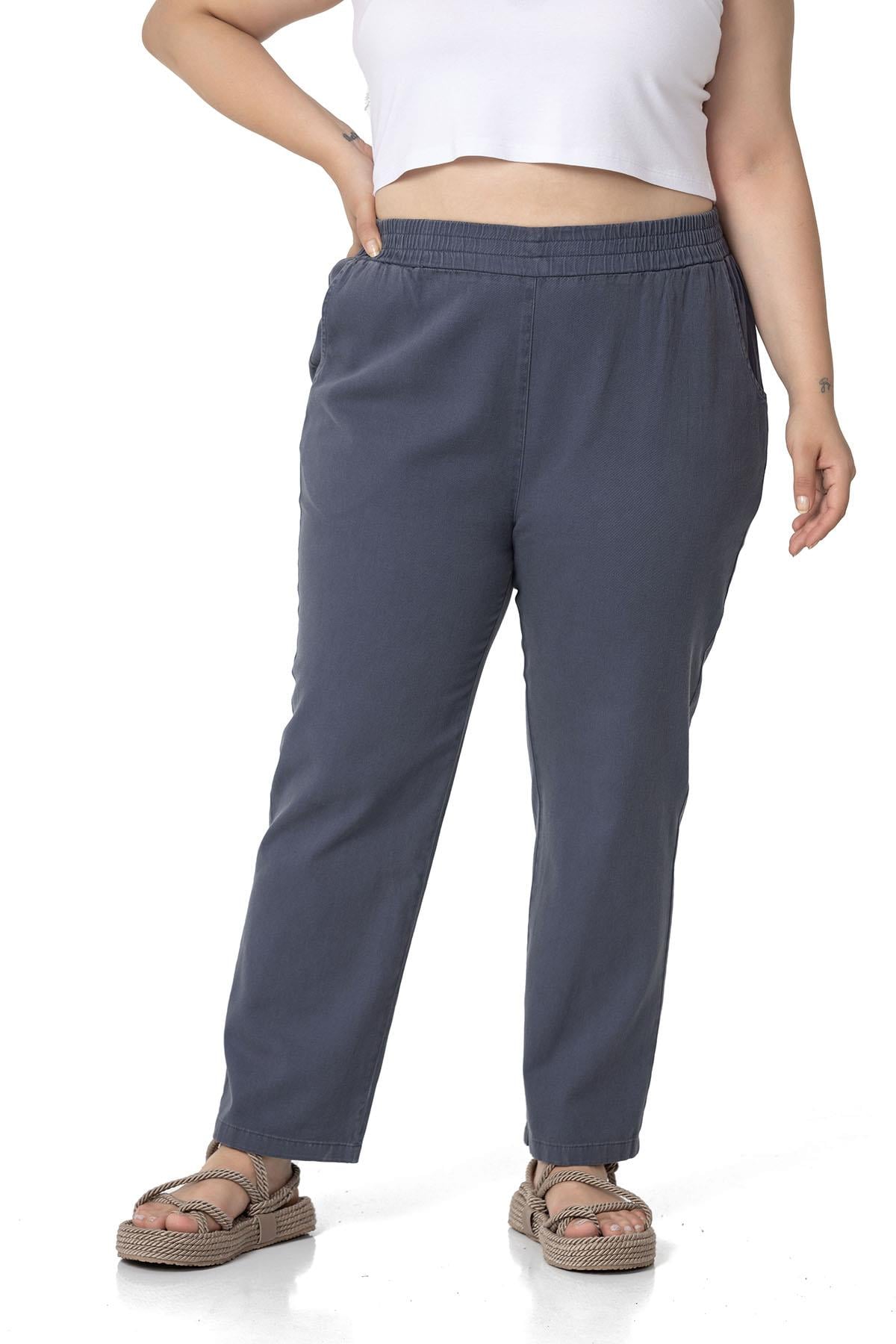 Plus Size Elastic Waist Pocket Gabardine Anthracite Trousers