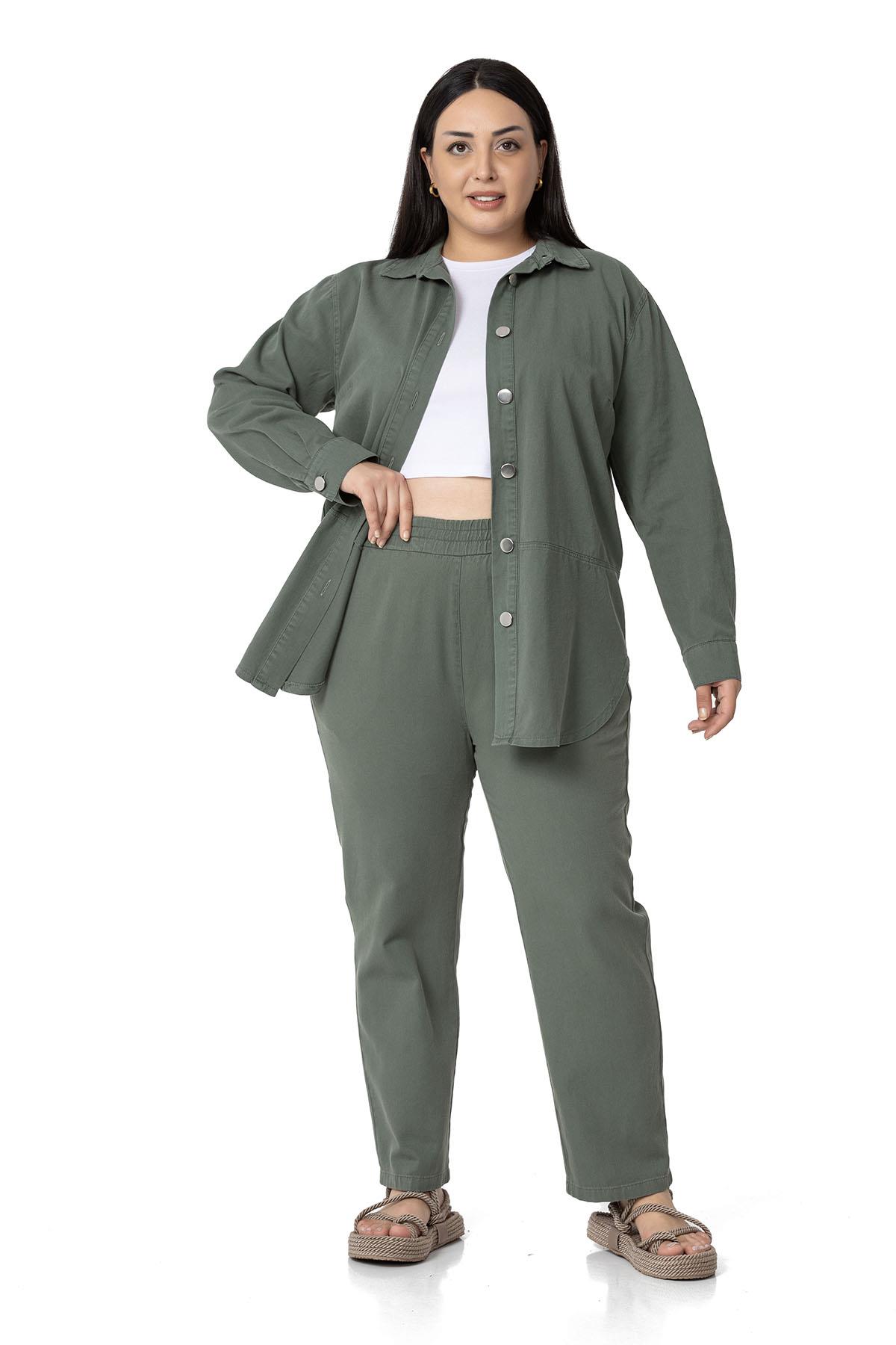 Büyük Beden Beli Lastikli Cepli Gabardin Haki Pantolon