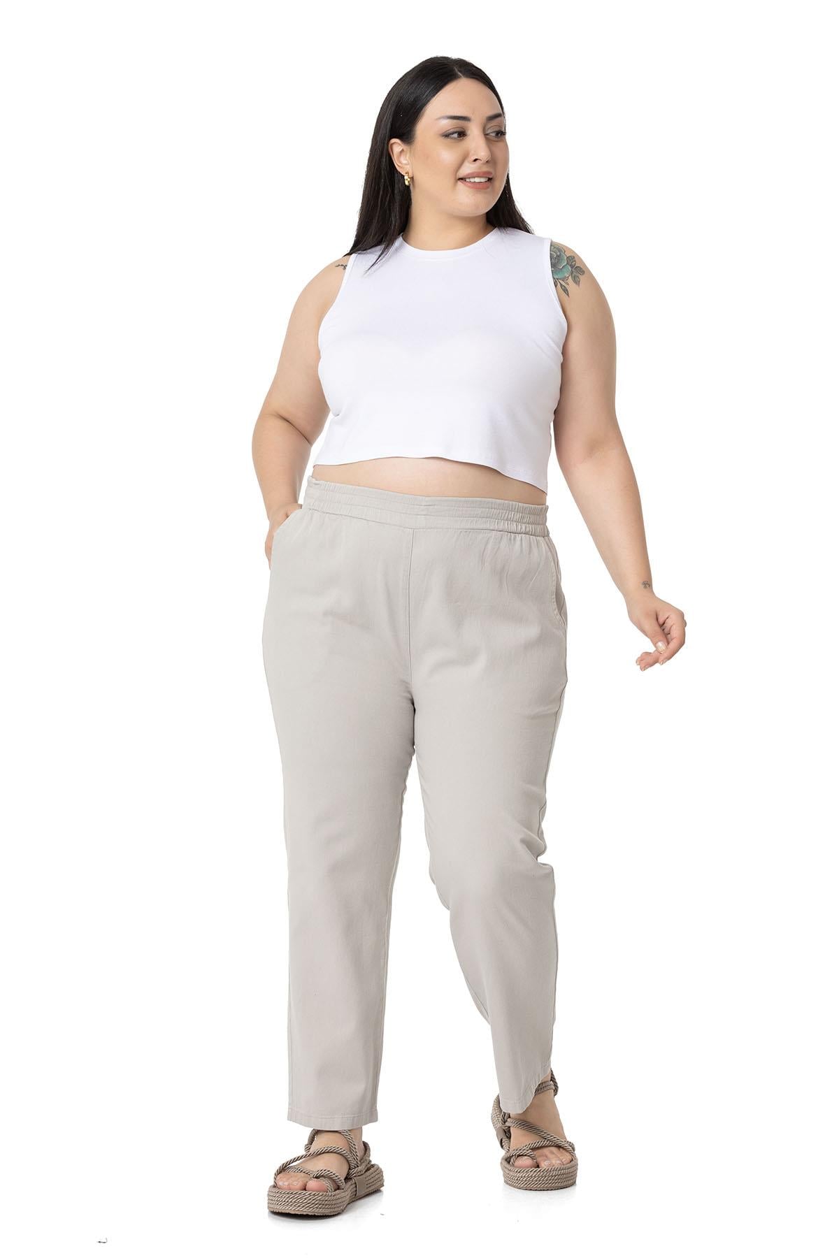 Plus Size Gabardine Stone Trousers with Elastic Waist Pockets