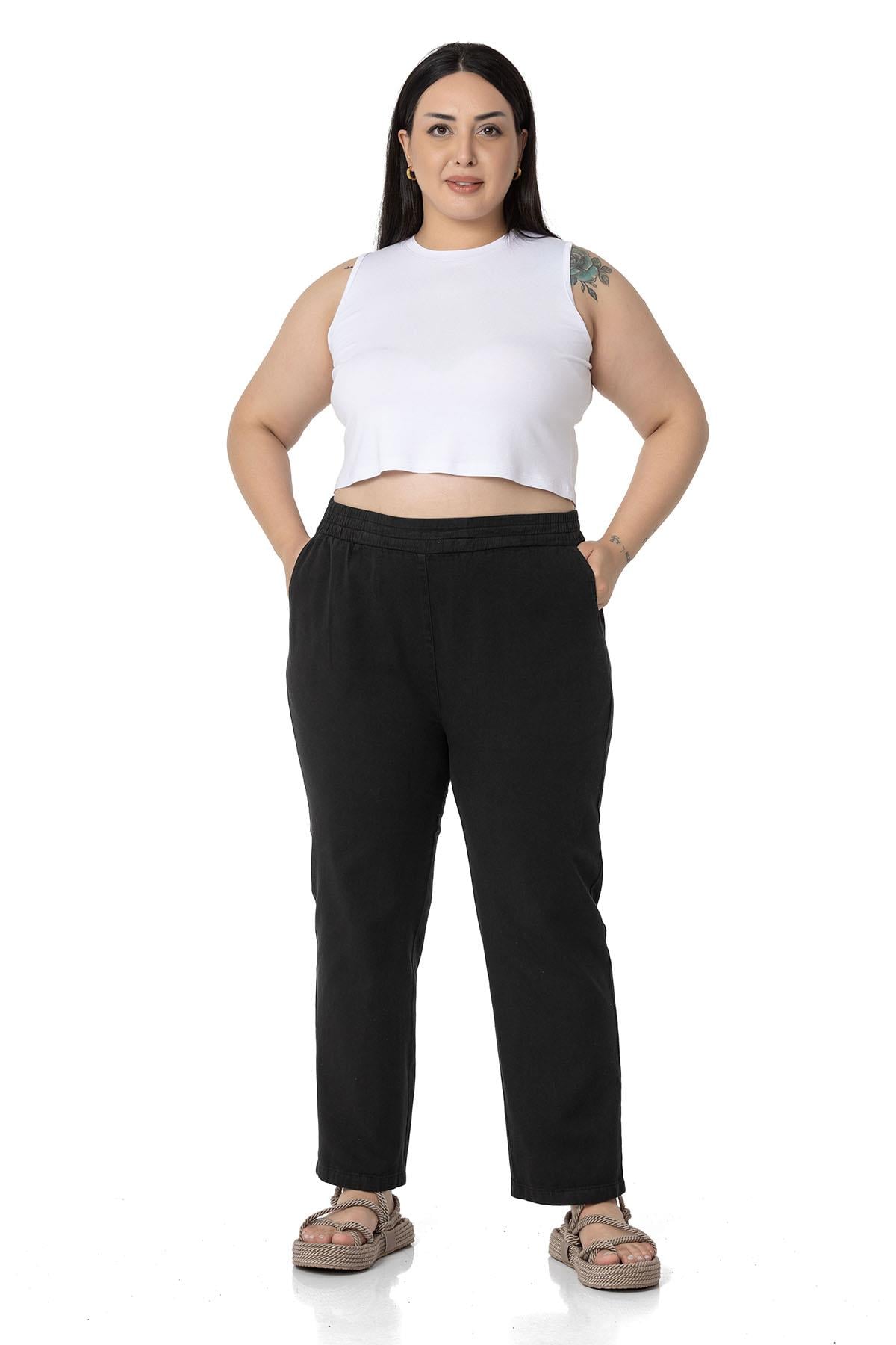 Büyük Beden Beli Lastikli Cepli Gabardin Siyah Pantolon
