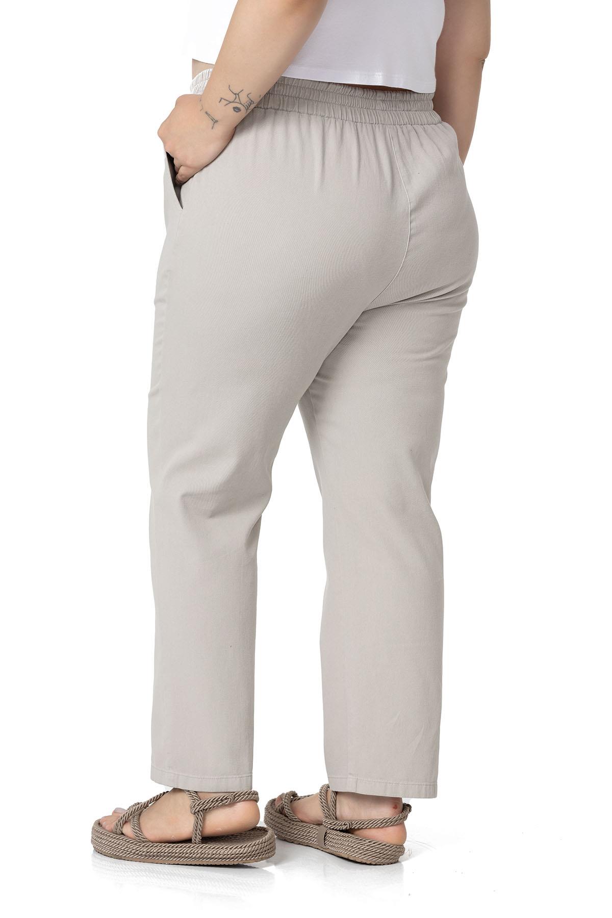 Plus Size Gabardine Stone Trousers with Elastic Waist Pockets