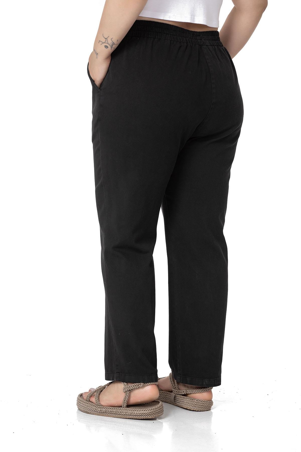 Büyük Beden Beli Lastikli Cepli Gabardin Siyah Pantolon