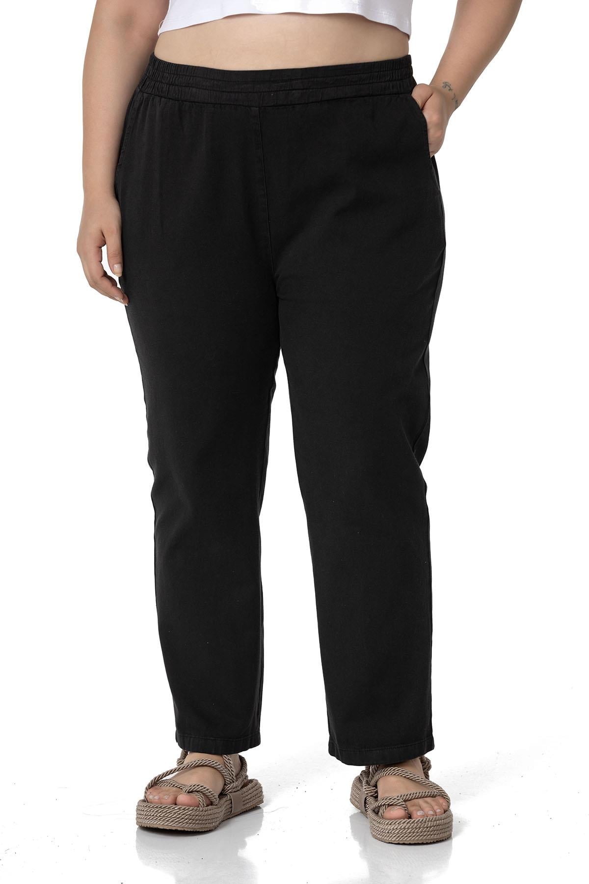 Büyük Beden Beli Lastikli Cepli Gabardin Siyah Pantolon