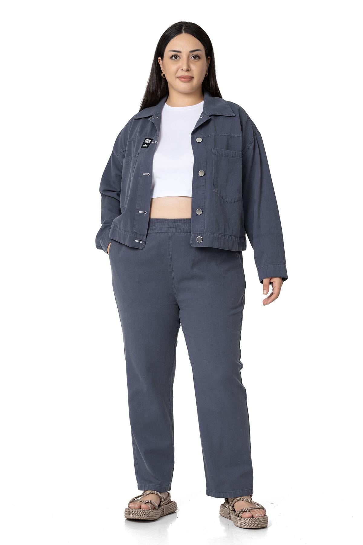 Plus Size Elastic Waist Pocket Gabardine Anthracite Trousers