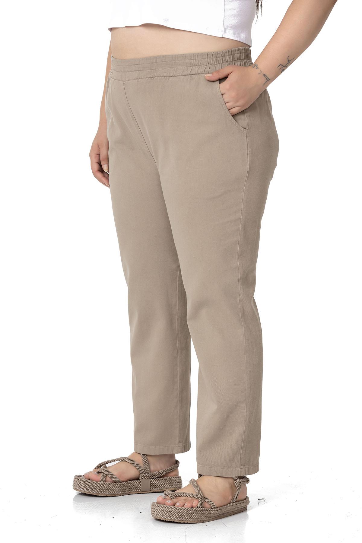 Büyük Beden Beli Lastikli Cepli Gabardin Vizon Pantolon