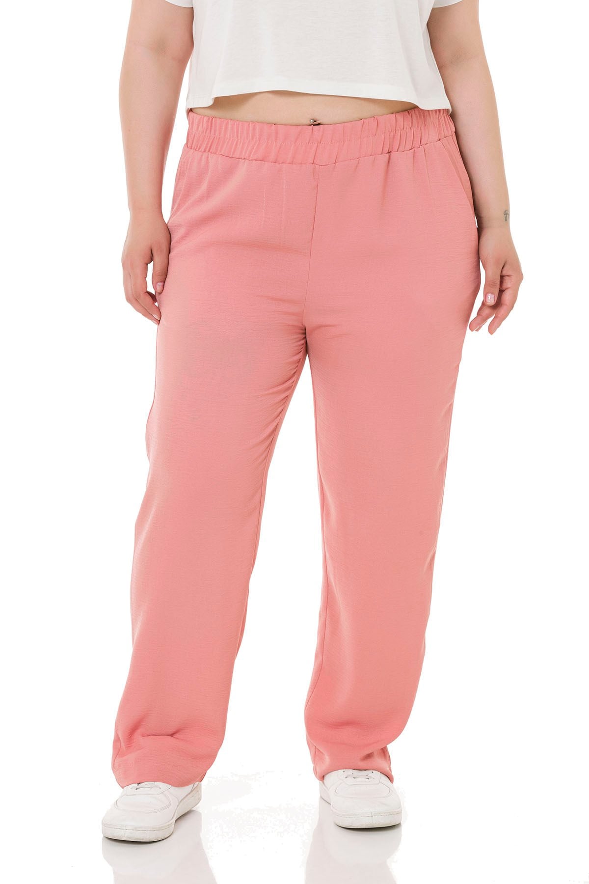 Plus Size Elastic Waist Pocket Linen Aerobin Light Pink Trousers