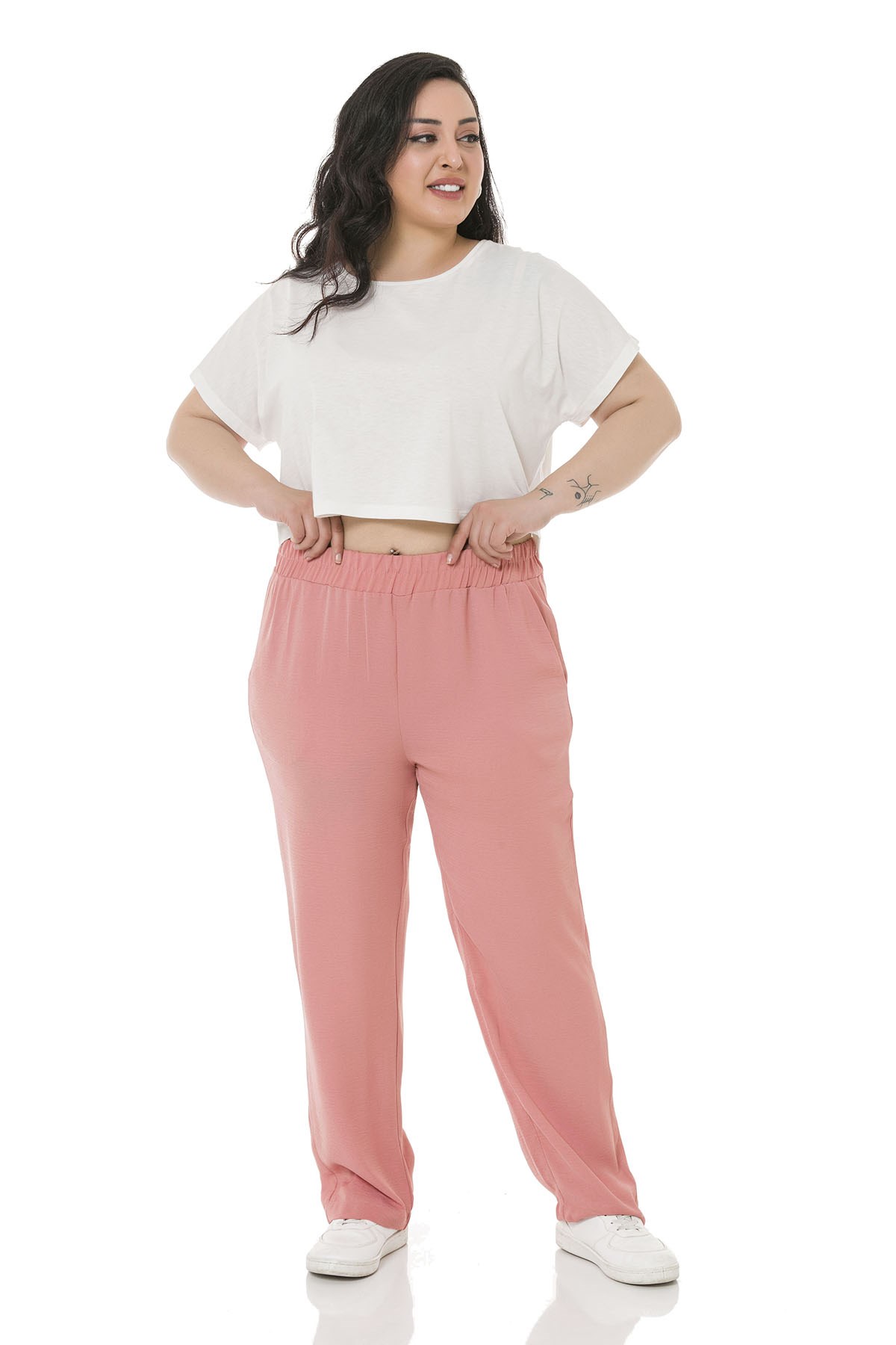 Plus Size Elastic Waist Pocket Linen Aerobin Light Pink Trousers