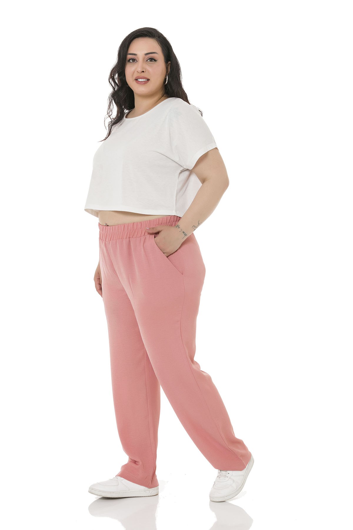 Plus Size Elastic Waist Pocket Linen Aerobin Light Pink Trousers
