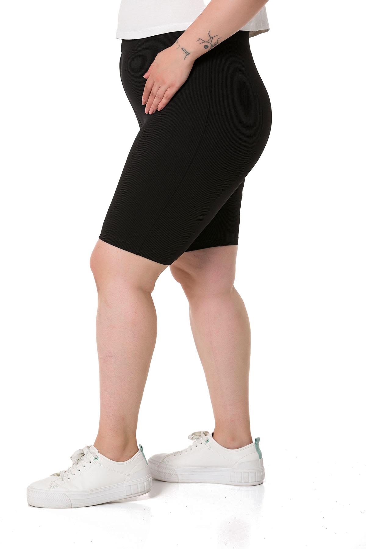 Büyük Beden Beli Lastikli Diz Üstü Fitilli Siyah Bayan Tayt 