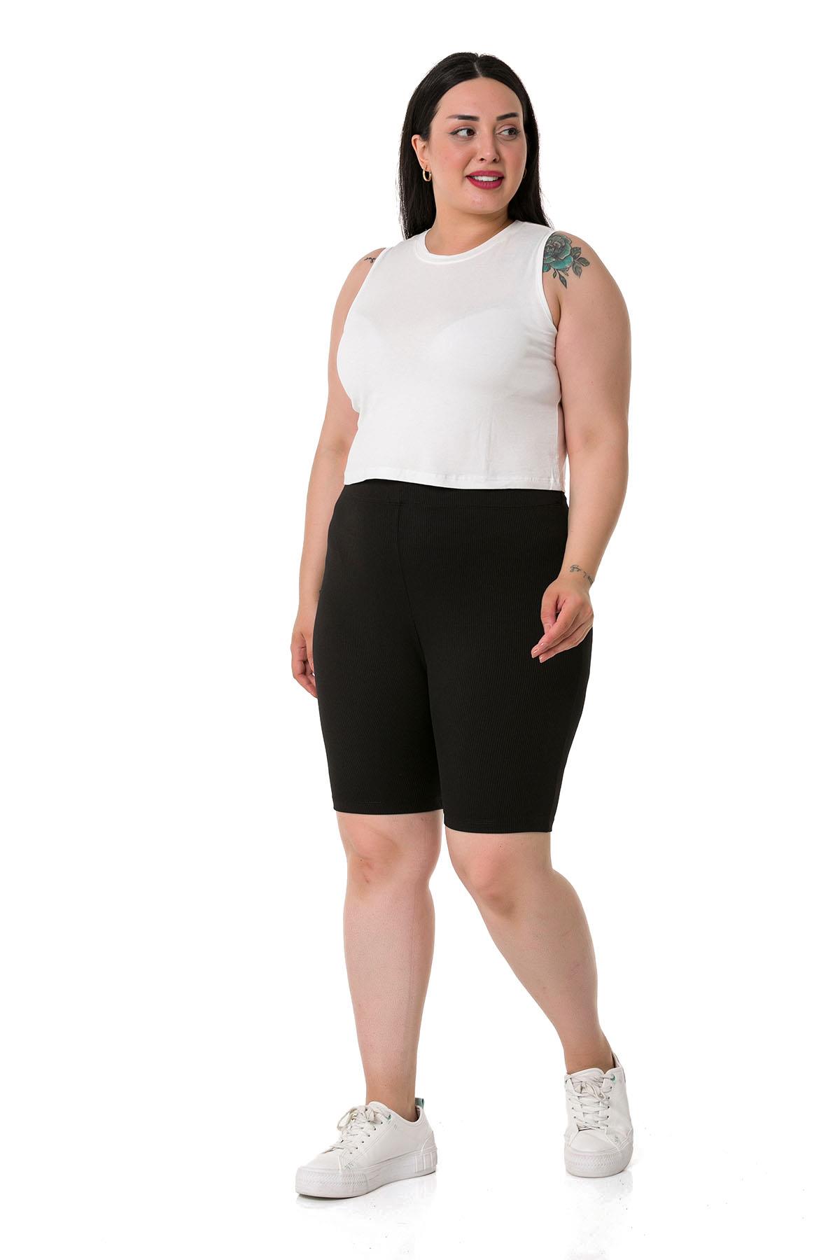 Büyük Beden Beli Lastikli Diz Üstü Fitilli Siyah Bayan Tayt 