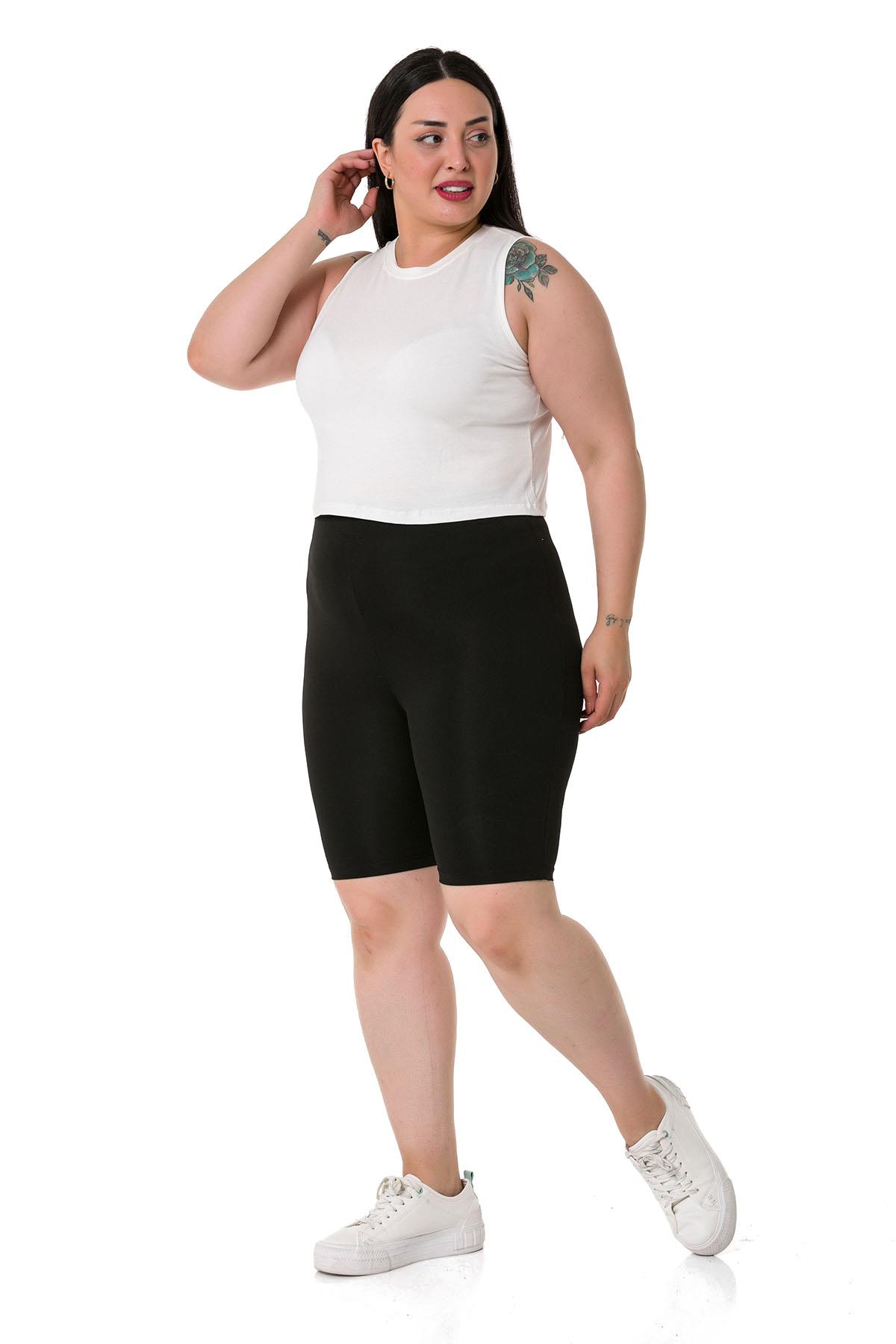 Büyük Beden Beli Lastikli Diz Üstü Siyah Bayan Tayt 