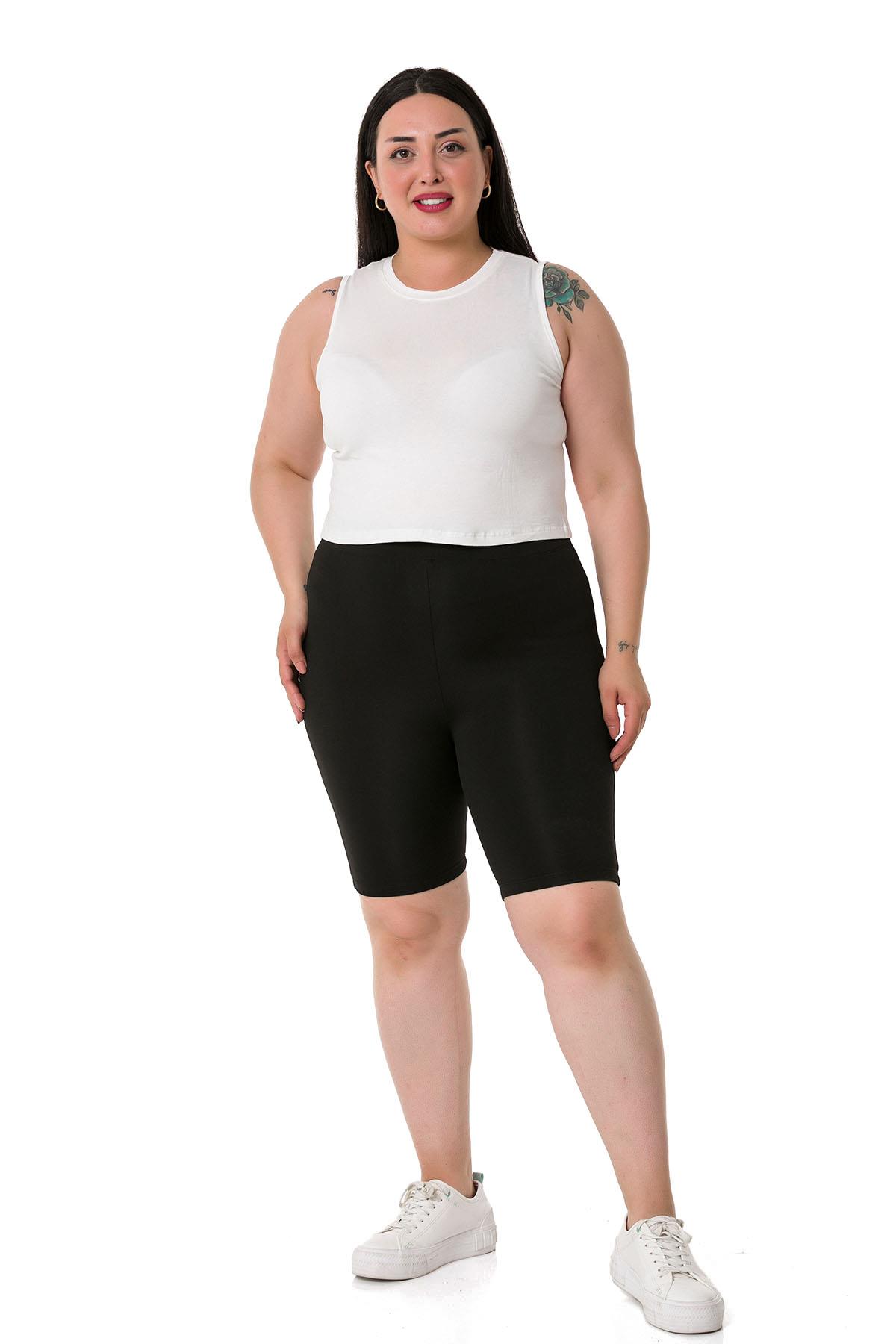 Büyük Beden Beli Lastikli Diz Üstü Siyah Bayan Tayt 