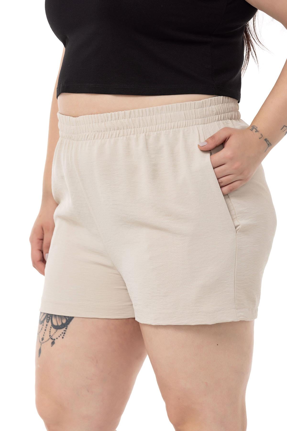 Plus Size Beige Shorts with Elastic Waist and Side Pockets