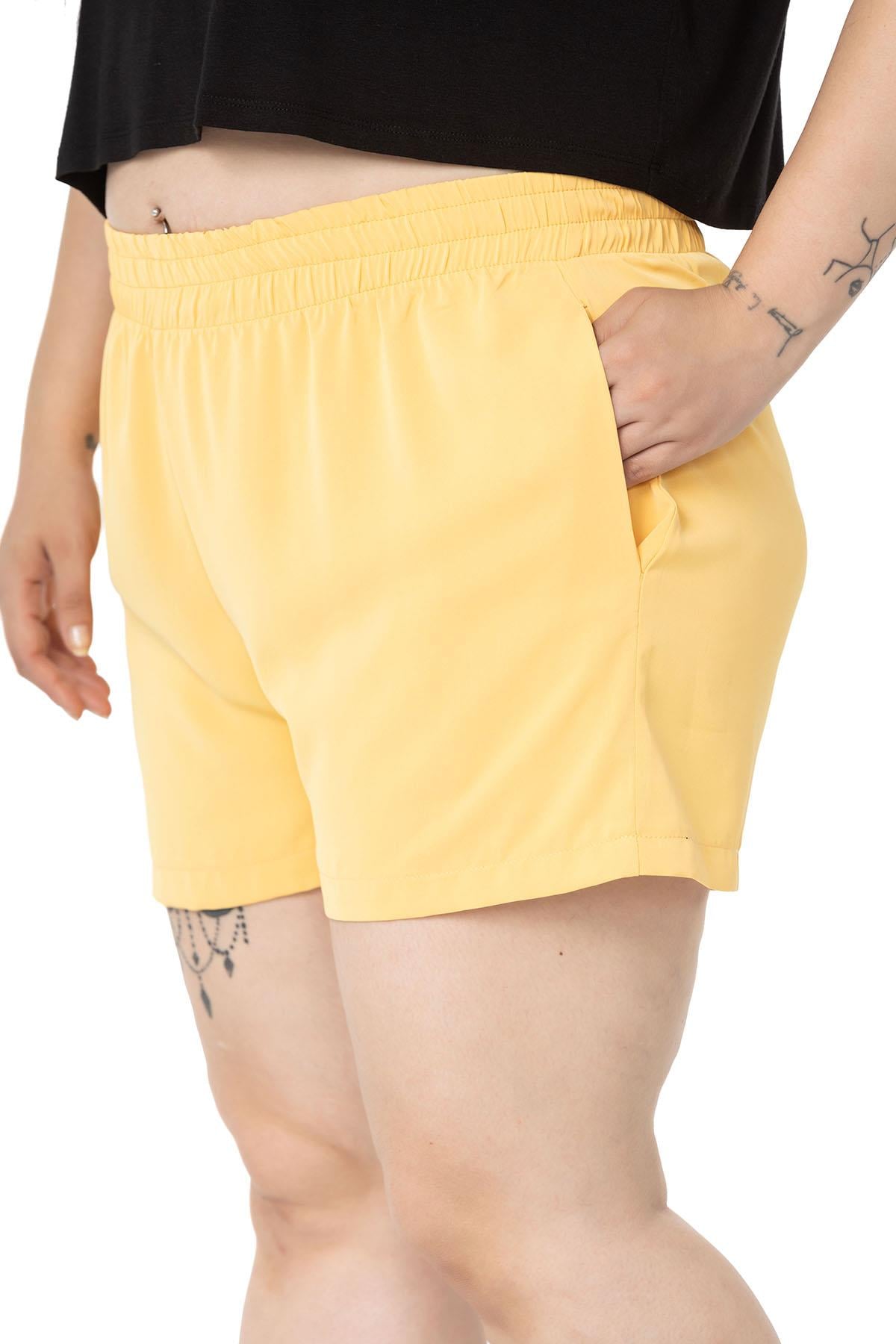 Plus Size Yellow Shorts with Elastic Waist and Side Pockets