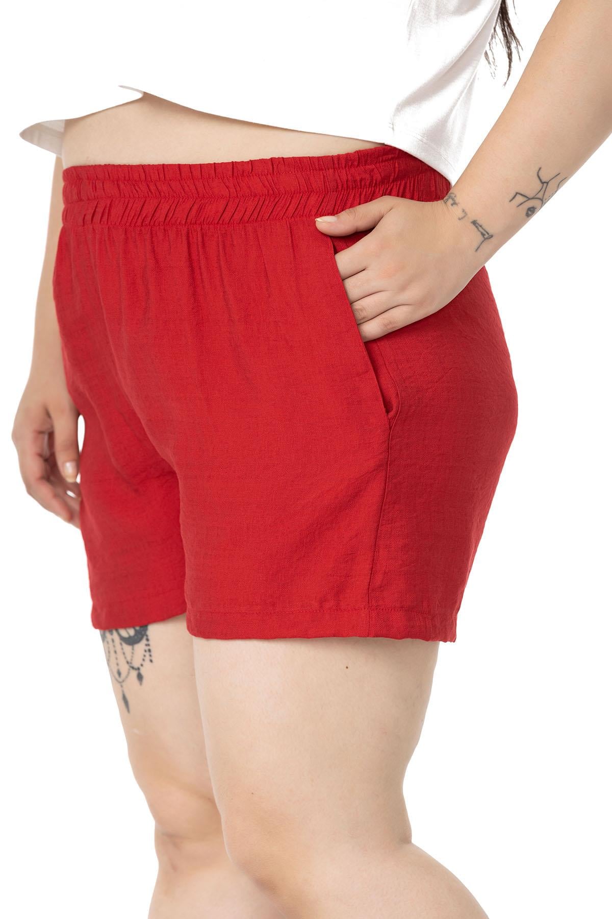 Plus Size Red Shorts with Elastic Waist and Side Pockets